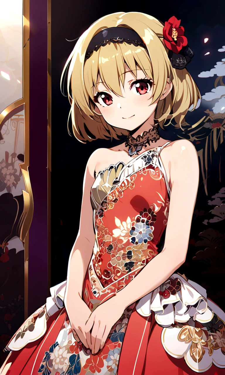 houjou_satoko, 1girl, blonde hair, red eyes, hairband, small breasts,11 years old, short hair, 