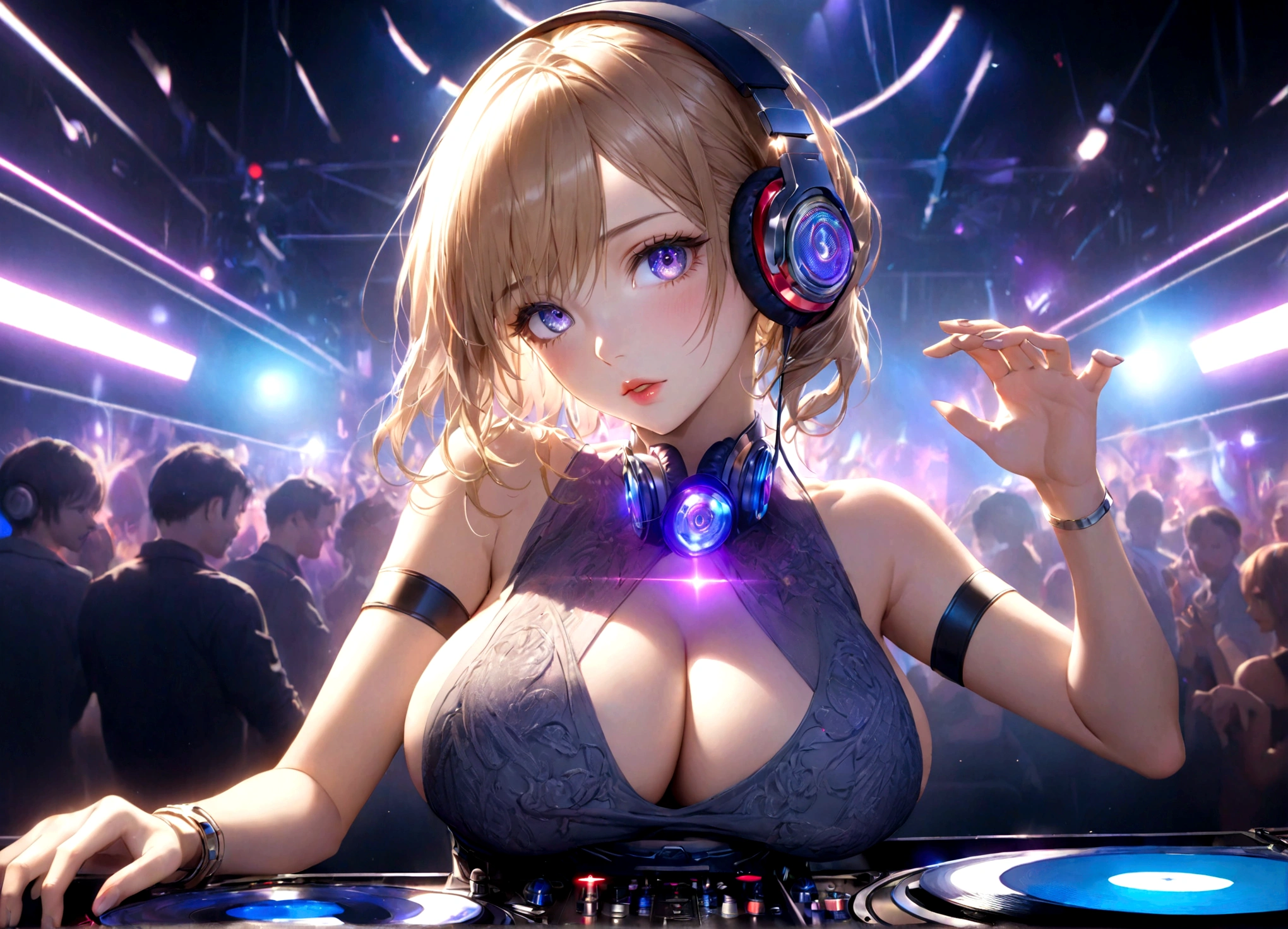 1girl,beautiful detailed eyes,beautiful detailed lips,extremely detailed face and eyes,long eyelashes,headphones,dj booth,dj,music,club,nightclub,red laser lights,blue laser lights,random laser points,virtual space,golden laser beams,purple laser lights,dj booth,stage,beautiful detailed hands,big breasts,(best quality,4k,8k,highres,masterpiece:1.2),ultra-detailed,(realistic,photorealistic,photo-realistic:1.37),vibrant colors,dramatic lighting,cinematic,dynamic composition