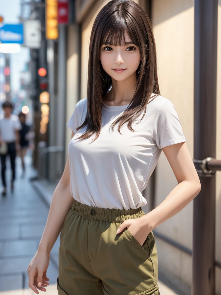 (8k, RAW Photos, highest quality, masterpiece:1.2), (Realistic, photo-Realistic:1.4), (Highly detailed 8k wallpaper), ((Full Body Shot)), (1 girl), Sharp focus, Depth of written boundary, Cinematic lighting, Soft Light, 緻密な美しさのeye, eye_Chan, Very beautiful 17 year old girl, innocent big eyes, Realistic, photo Realistic, Highly detailed cute girl, (Thin thighs), (Model Body Type), 18-year-old, (Casual short sleeve t-shirt), (Khaki cargo pants), (((Fold your arms in front of your chest and act arrogantly))), ((A happy smile)), Parted lips, Watching the audience, (On the streets of Tokyo) , (Brown Hair),（Long Bob Hair), (Asymmetrical bangs)