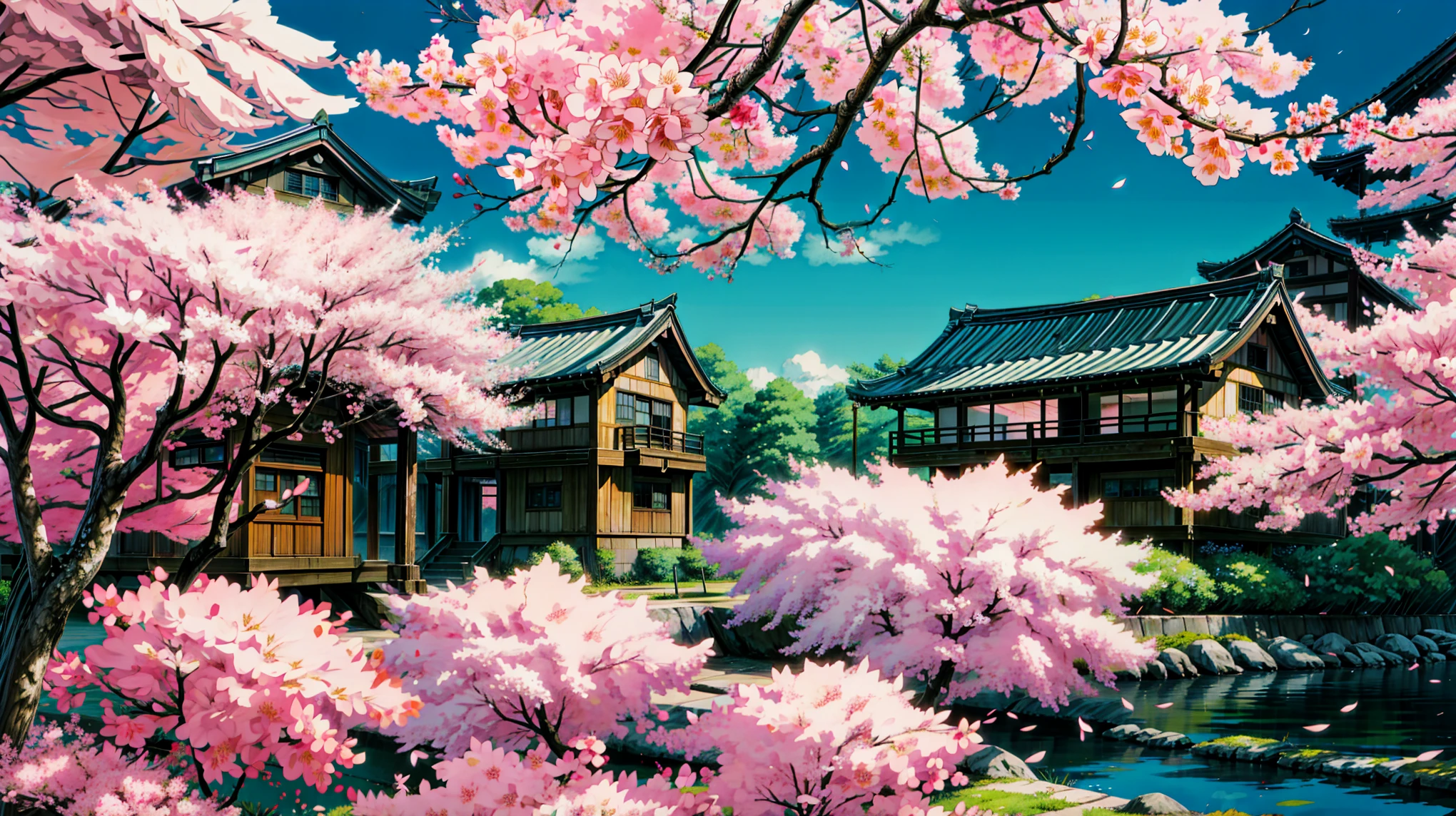 Painting of a tree and pink flowers in front of a building, Cherry blossom background, Cherry Blossoms Falling, Cherry Blossom Season, Cherry blossom trees in the background, spring season city, japan night, Tokyo Background, ( rich and colorful ), by somi, author:Torii Kiyomitsu, Kiyomoto Torii, Tokyo at night, author:Chi Dahe, 4k HD,, Beautiful art UHD 4K, A beautiful artistic illustration, Beautiful digital painting, Highly detailed digital painting, Beautiful digital artwork, Detailed painting 4k, Very detailed numbers, The colors are brilliant and rich, Gorgeous numbers