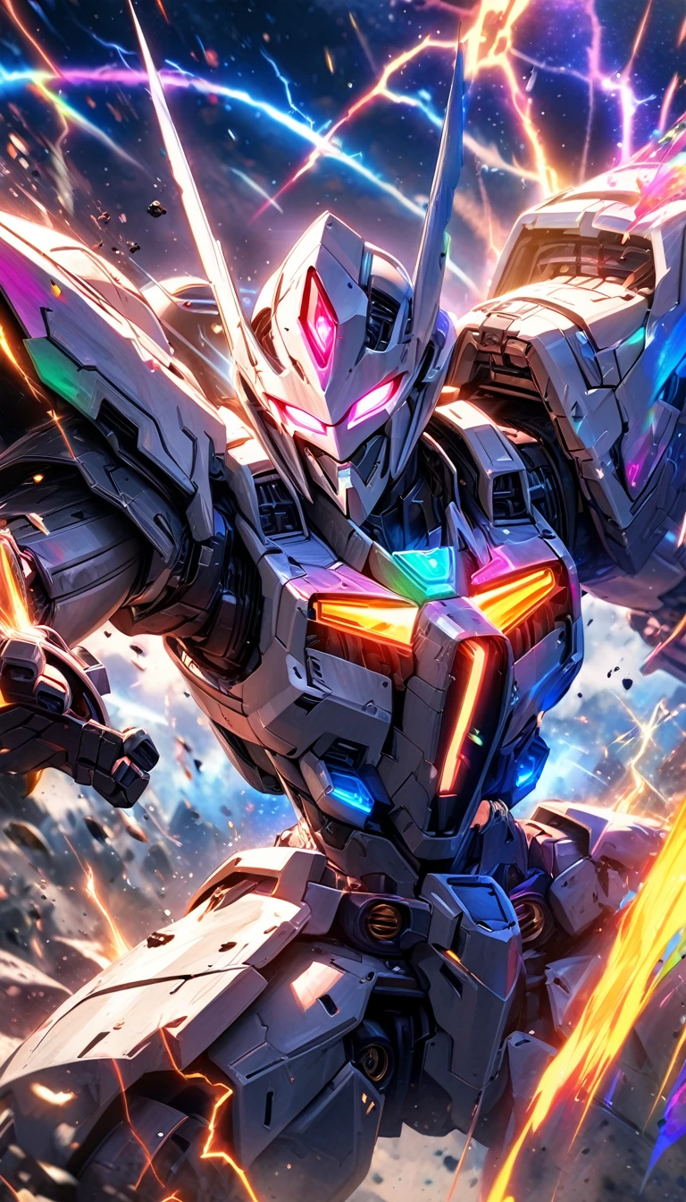 absurdres, highres, ultra detailed, HDR, masterpiece, extremely detailed face and eyes,White Mecha Knight , Mecha Knight mask, ,solo, man, handsome, ,Mecha armor, , Epic fight scene, colorfull lightning effect, glowing glitters, full effect, full colorfull, colorful splashing, , galaxy effect