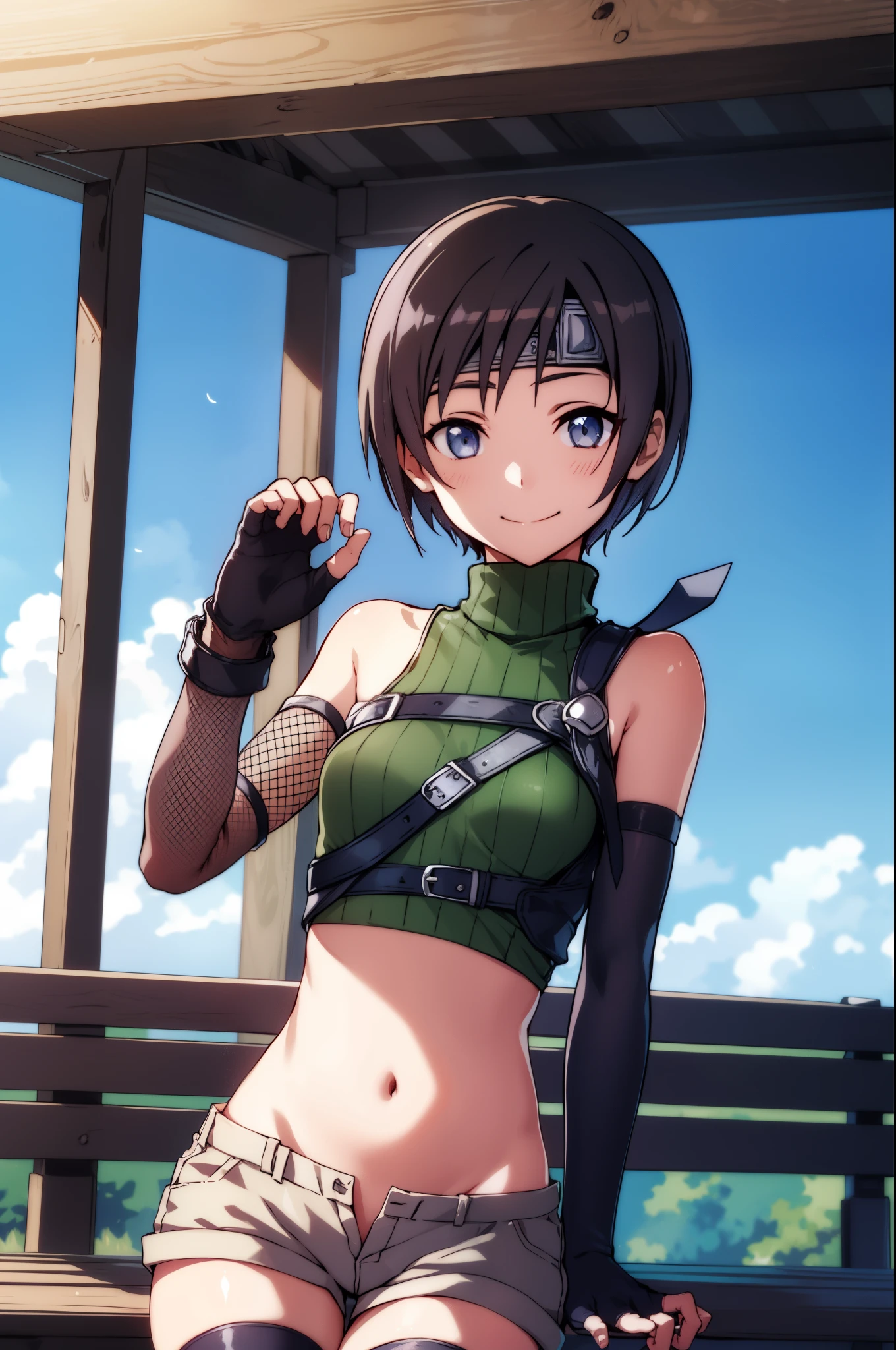 yuffiekisaragi, Yuffie Kisaragi,Haircuts, pixie cut,
壊す crop top, fingerless gloves, fishnet Thighhighs, fishnet, forehead protector, gloves, head band, belly button, short shorts, shorts, single sleeve, single thigh high, No sleeve, No sleeve turtleneck, Thighhighs, turtleneck,
bench、blue sky、smile, solo