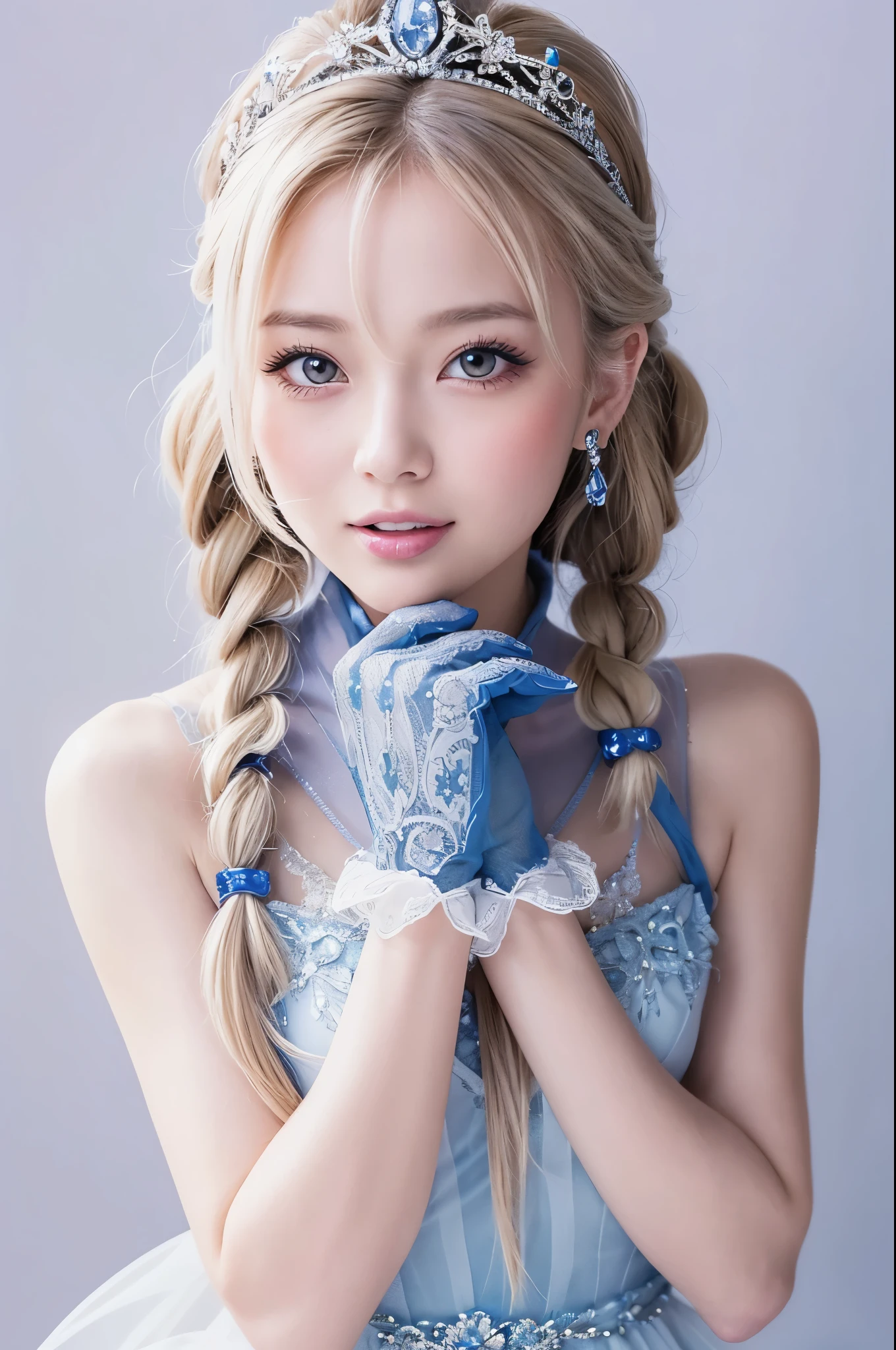 A beautiful ice princess in a realistic animation style with a slight anime and watercolor feel. The elegant woman is wearing a dress adorned with blue sapphires. She has long, beautifully styled blonde hair in a braid that is smooth like silk, and she wears a silver sparkling tiara. Her expression is gentle and captivating. She is wearing high heels in blue sapphire color and lace gloves that are slightly sheer, covering her hands and arms. She is playfully sticking out her tongue in a cute manner and making a double peace sign with both hands near her eyes, like a Japanese 'Heisei' era gyaru. The background is white. The image is slightly stylized, with intricate details and high-quality resolution.