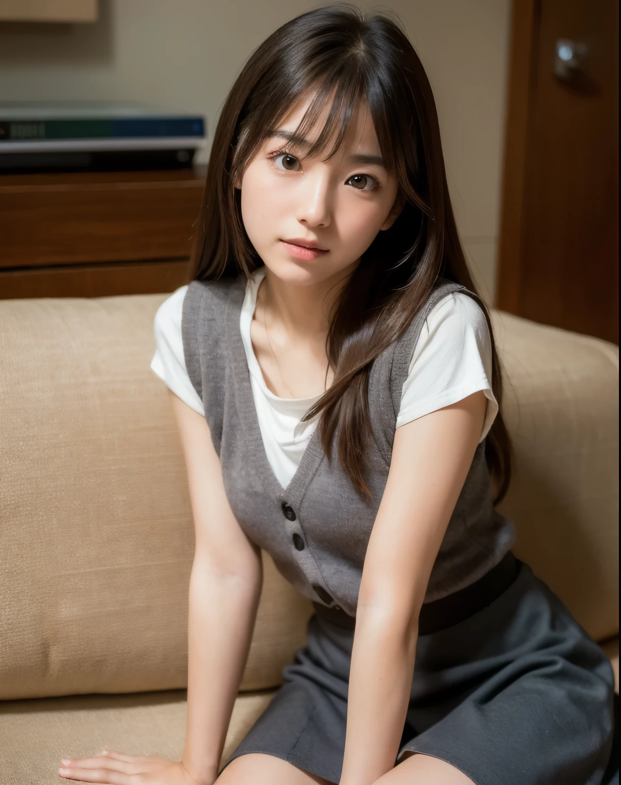 Best quality, focus on the face, soft light, ultra high resolution, (Photorealistic:1.4), Raw photo,
1japanese girl, One, Cute, (student, lights in the eyes), detailed beautiful face, (Small chest),(High resolution human skin texture detail),
(long hair),
Sit on the couch,
, Charcoal vest, A skirt,
(upper thigh)