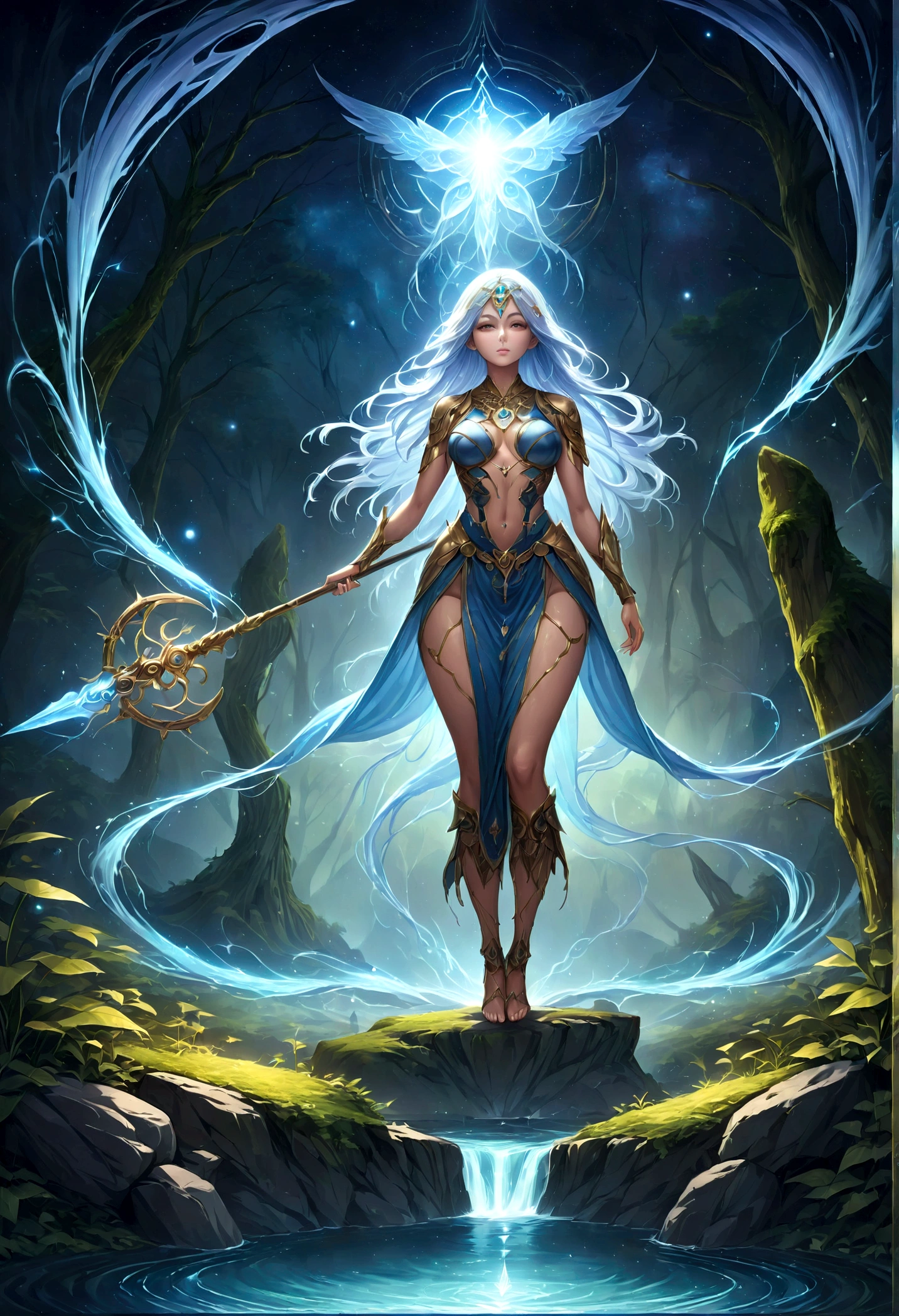 high details, best quality, 16k, [ultra detailed], masterpiece, best quality, (extremely detailed), dynamic angle, ultra wide shot, photorealistic, ((fantasy art)), dnd art, rpg art, realistic art, female human druid of the stars, guardian of nature, controlling magical energy made of stars, swirling blue stary magical light, divine symbols, DruidMagicAI (intricate details, Masterpiece, best quality: 1.5), human female,  extremally beautiful, ultra feminine, dynamic hair, dynamic hair color, wearing leather armorת holding a staff, moon light, stars, dynamic natural background,  RPG art, magical atmosphere magic-fantasy-forest, ultra best realistic, best details, best quality, 16k, [ultra detailed], masterpiece, best quality, (extremely detailed), ultra wide shot, photorealism, depth of field, hyper realistic painting, aetherpunkai