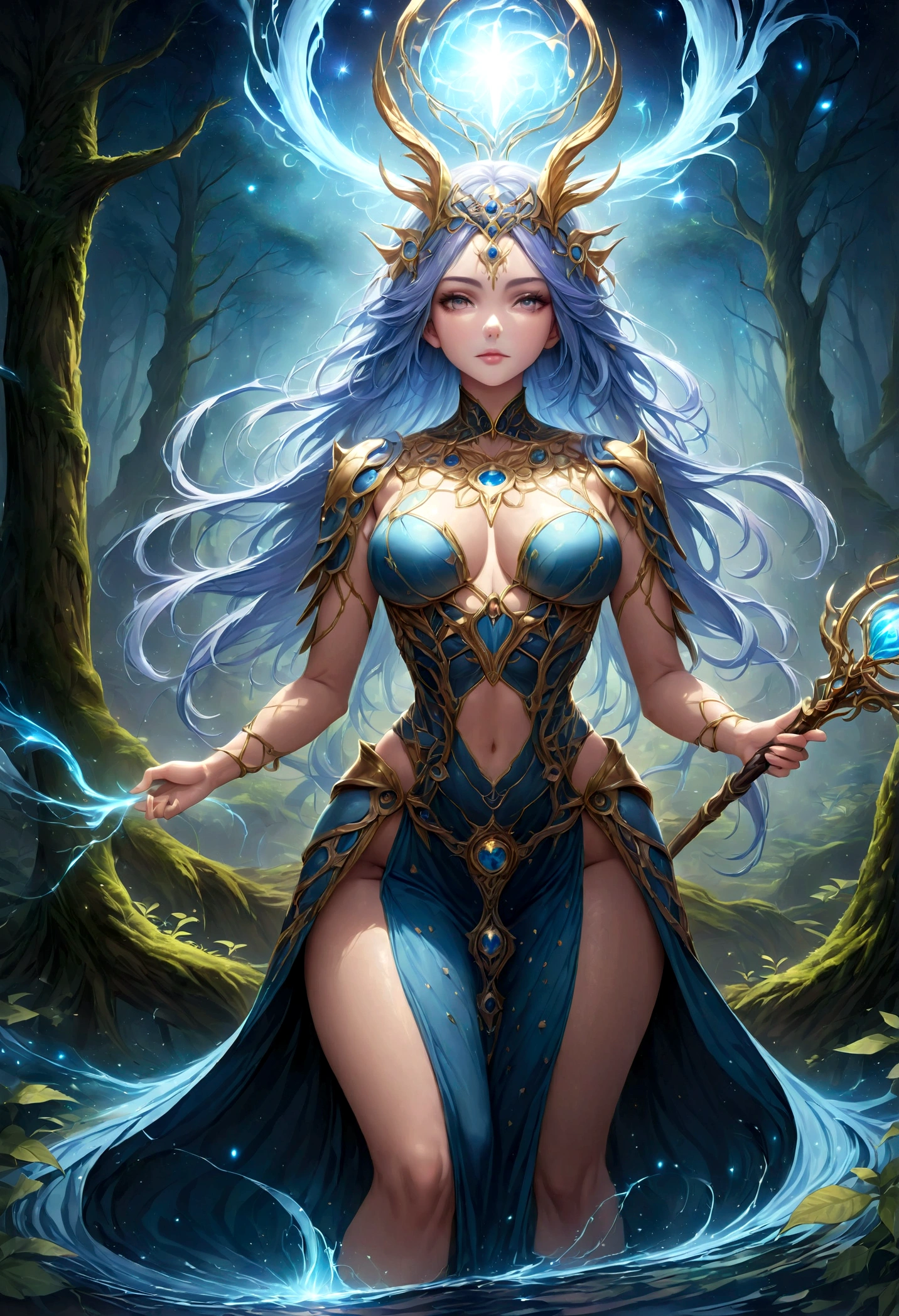 high details, best quality, 16k, [ultra detailed], masterpiece, best quality, (extremely detailed), dynamic angle, ultra wide shot, photorealistic, ((fantasy art)), dnd art, rpg art, realistic art, female human druid of the stars, guardian of nature, controlling magical energy made of stars, swirling blue stary magical light, divine symbols, DruidMagicAI (intricate details, Masterpiece, best quality: 1.5), human female,  extremally beautiful, ultra feminine, dynamic hair, dynamic hair color, wearing leather armorת holding a staff, moon light, stars, dynamic natural background,  RPG art, magical atmosphere magic-fantasy-forest, ultra best realistic, best details, best quality, 16k, [ultra detailed], masterpiece, best quality, (extremely detailed), ultra wide shot, photorealism, depth of field, hyper realistic painting, aetherpunkai