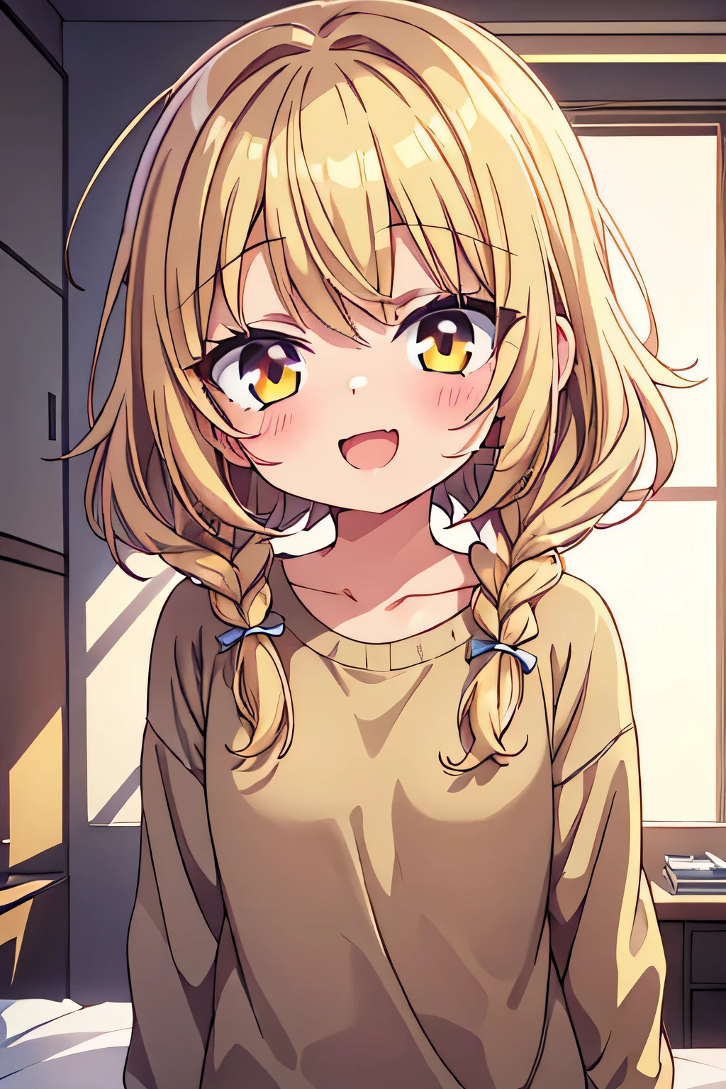 lolli, cute anime toddlers, beige hair, golden eyes, girl with golden eyes, short hair, braided hair on the right side, messy hair, blushing, smile, open mouth, only wearing black sweater, wink eyes, in bedroom, affectionate face, small fanged one
