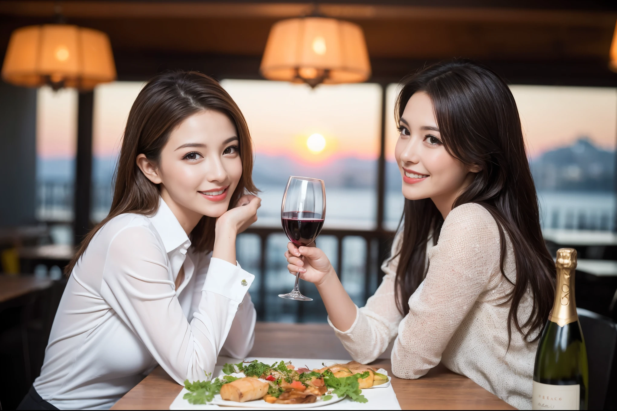 ((highest quality、8k、masterpiece:1.3))、1 male、1 female、Spouse、I really like it、Beautiful couple、The body is slim、テーブルの上のwine glass、Facial Lighting、full-course dinner、 Amazing view of the sunset sky and clouds、A bright smile、The wonderfulness of smile、Bright image、Beautiful Face, short hair,Bright Face、 (43 years old), 39 years old, red wine 、Appetizers、Italian food、Wine bottle、Champagne、sparkling wine、Two beauties、Brown Hair、Shortcuts、Long sleeve shirt、dress、Pretty Woman 1, (slimな顔), (The body is slim), (Brown Hair), (Shortcuts), cheeks turn a little red,Attractive beauty、restaurant, In a prominent place (From the waist up) Nova Frog Style, actress, model, Upper Body, White wine, slim, wine glass, 中央に置かれたwine glass, smile, (smile: 1.15), Beautiful fine grain, Depth f/2,saturation, High Contrast, Strong light and shadow,Moist Body:1.5、3D texture、Delicate eyes、Brown Hair、The hair is very shiny、