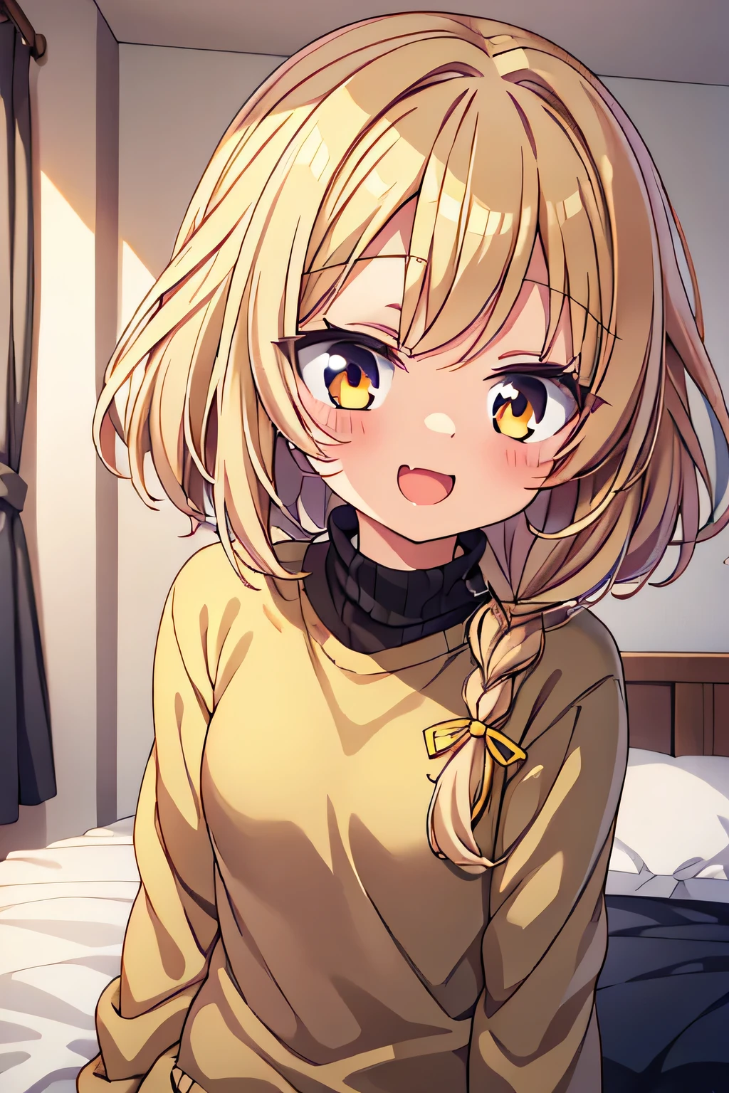 lolli, cute anime toddlers, beige hair, golden eyes, girl with golden eyes, short hair, braided hair on the right side, messy hair, blushing, smile, open mouth, only wearing black sweater, wink eyes, in bedroom, affectionate face, small fanged one