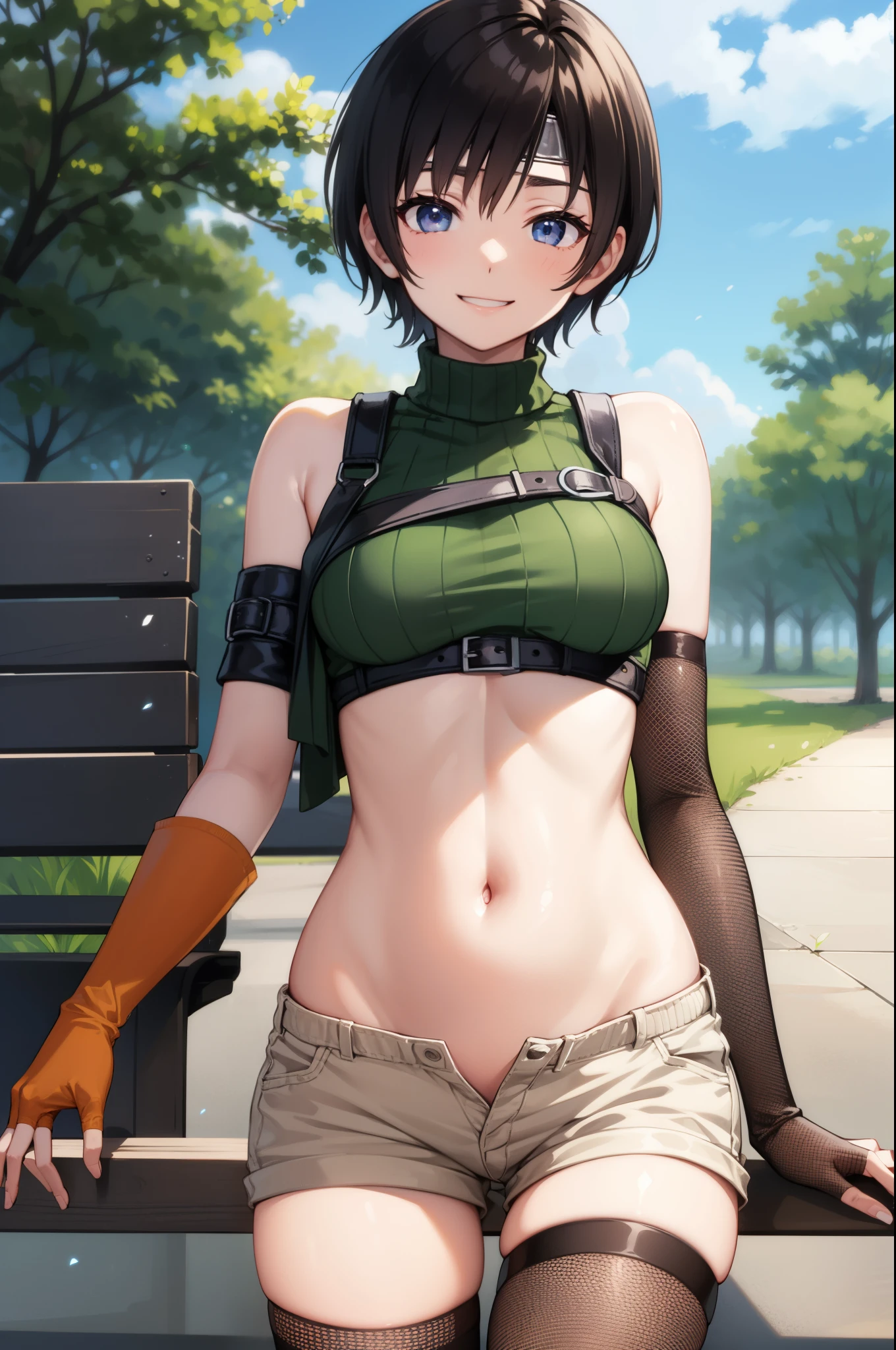 yuffiekisaragi, Yuffie Kisaragi,Haircuts, pixie cut,
壊す crop top, fingerless gloves, fishnet Thighhighs, fishnet, forehead protector, gloves, head band, belly button, short shorts, shorts, single sleeve, single thigh high, No sleeve, No sleeve turtleneck, Thighhighs, turtleneck,
bench、blue sky、smile, solo