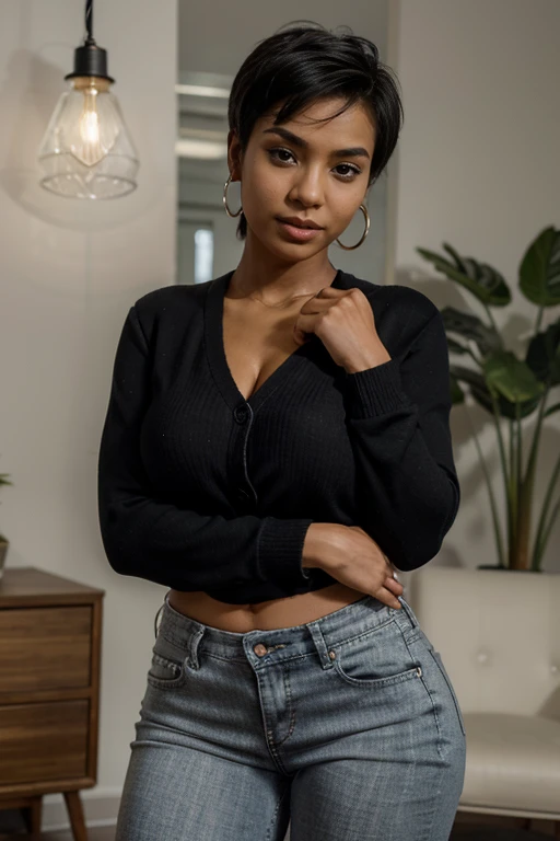 8k, highest quality, ultra details, African-American, young female, large breasts well covered with tight white underwear, a short, stylish haircut and a friendly smile. She wears makeup, earrings, and is dressed in a fitted black cardigan, big butt in short jeans pants, standing with her arms crossed in a simple, well-lit interior setting with a plain background and a hint of greenery to one side.
