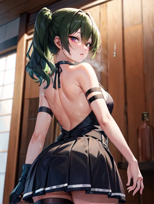 masterpiece, highest quality,(detailed), Bruises, Long Hair, Side Ponytail,
Black Dress,Normal chest、Slender body、 belt, Arm strap, One-elbow gloves, Thigh straps,
Sweat,sexy, Out of breath,Cowboy Shot、sexyショット、(Backwards、look back)