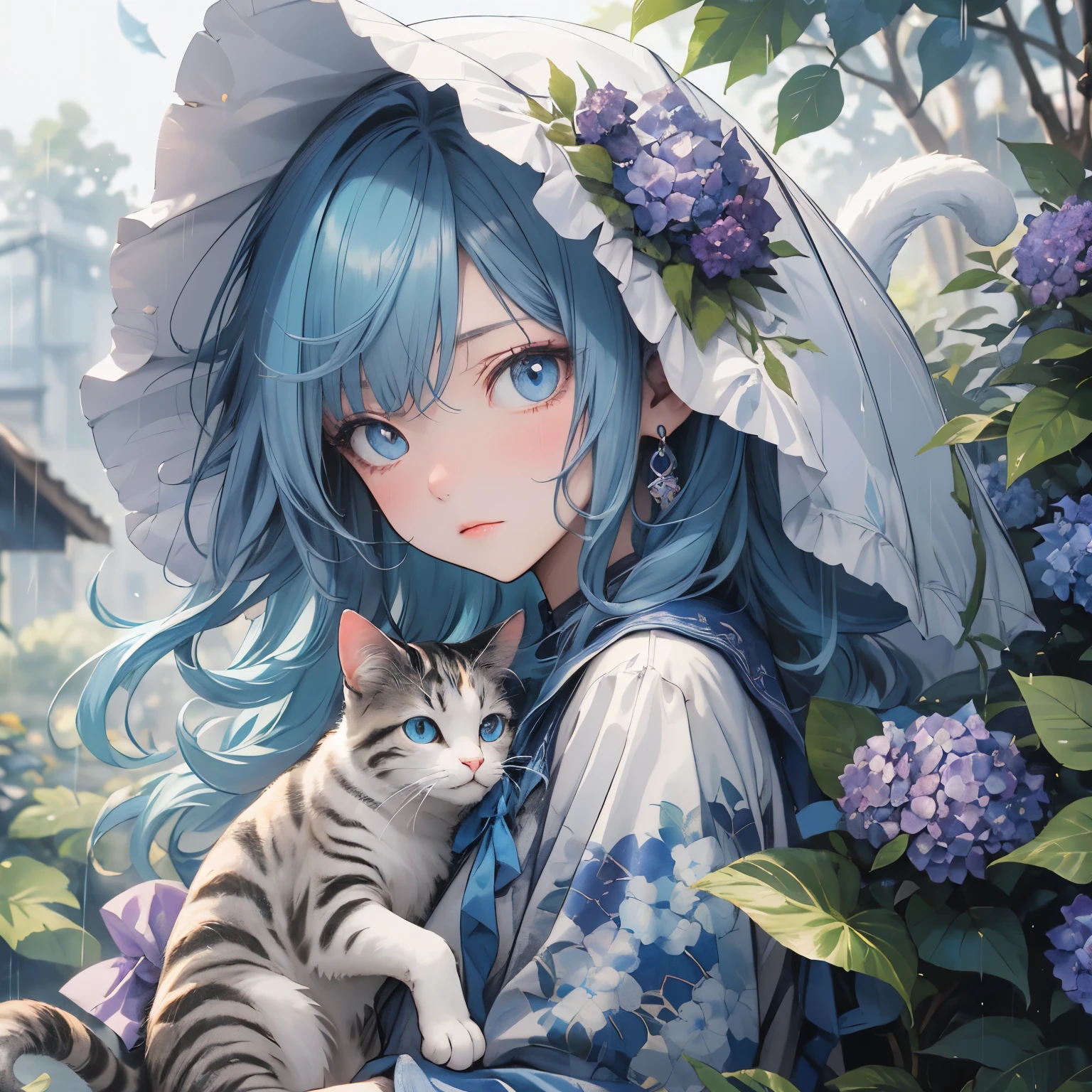 (masterpiece), highest quality, Ultra-high resolution,A cat wearing a light blue ribbon、Light blue hair、Light blue eyes、Light blue clothes、rainy season、umbrella、Snail on a hydrangea leaf