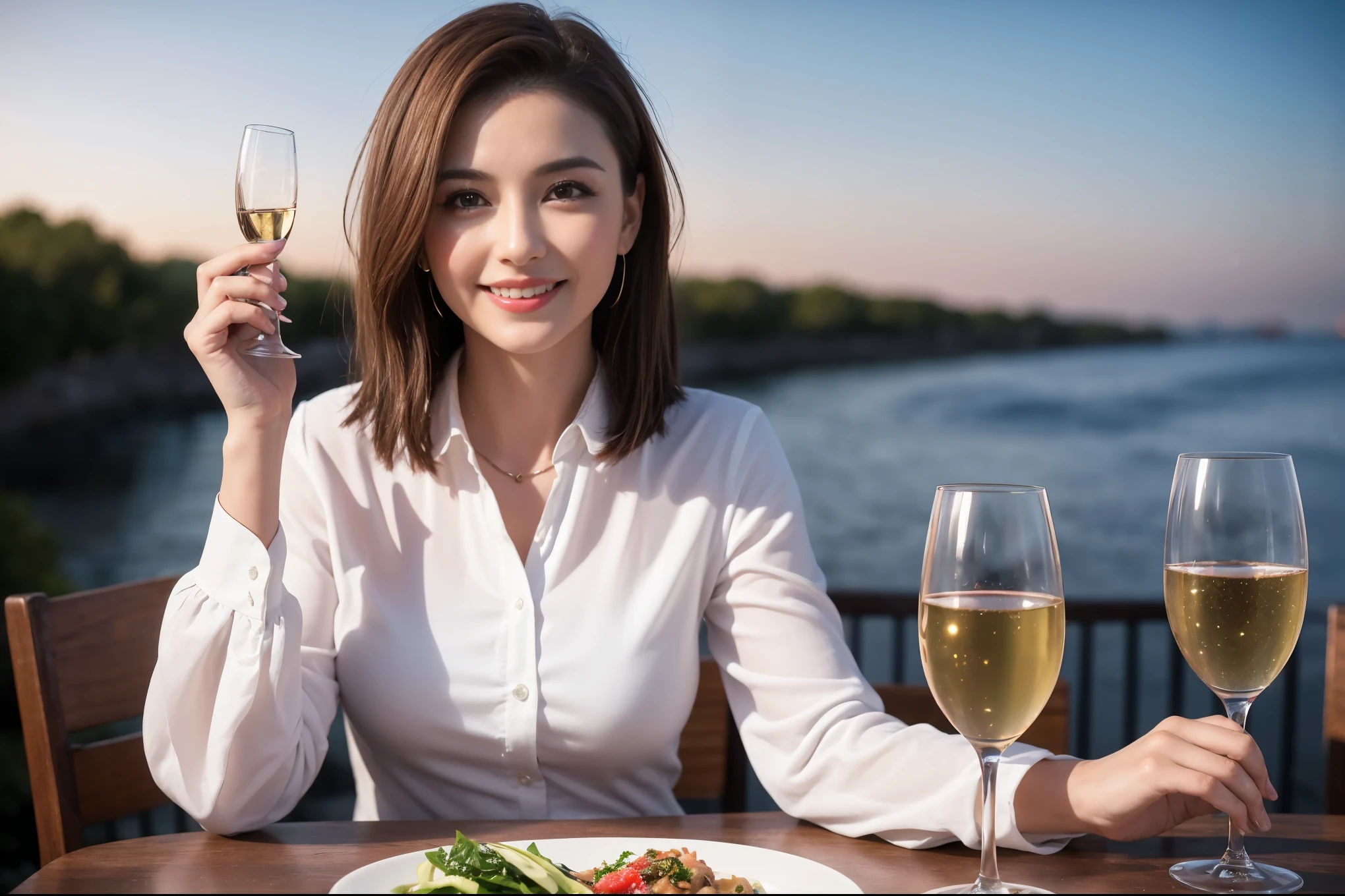 ((highest quality、8k、masterpiece:1.3))、1 male、1 female、Spouse、I really like it、Beautiful couple、The body is slim、テーブルの上のwine glass、Facial Lighting、full-course dinner、 Amazing view of the sunset sky and clouds、A bright smile、The wonderfulness of smile、Bright image、Beautiful Face, short hair,Bright Face、 (43 years old), 39 years old, red wine 、Appetizers、Italian food、Wine bottle、Champagne、sparkling wine、Two beauties、Brown Hair、Shortcuts、Long sleeve shirt、dress、Pretty Woman 1, (slimな顔), (The body is slim), (Brown Hair), (Shortcuts), cheeks turn a little red,Attractive beauty、restaurant, In a prominent place (From the waist up) Nova Frog Style, actress, model, Upper Body, White wine, slim, wine glass, 中央に置かれたwine glass, smile, (smile: 1.15), Beautiful fine grain, Depth f/2,saturation, High Contrast, Strong light and shadow,Moist Body:1.5、3D texture、Delicate eyes、Brown Hair、The hair is very shiny、