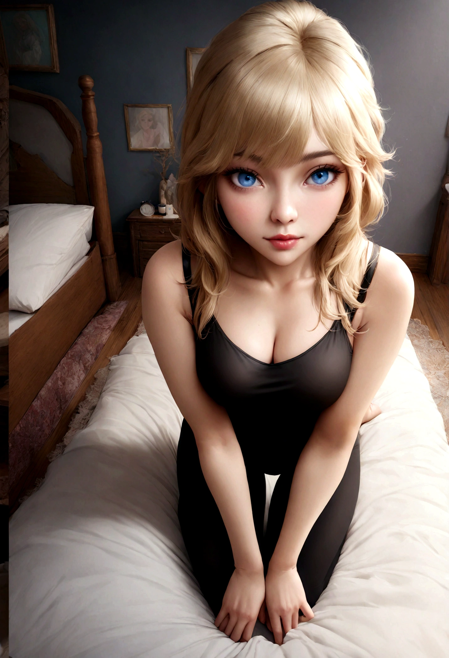 arafed woman fully , sexy girl with blue eyes and cute face, ultra realistic, meticulously detailed, blonde hair and large eyes, selfie of a young woman, bedroom eyes, violet myers, without makeup, natural makeup, looking directly at the camera, face with artgram, subtle makeup, stunning full body shot kneeling on bed, in bedroom, medium to large size bust, wearing