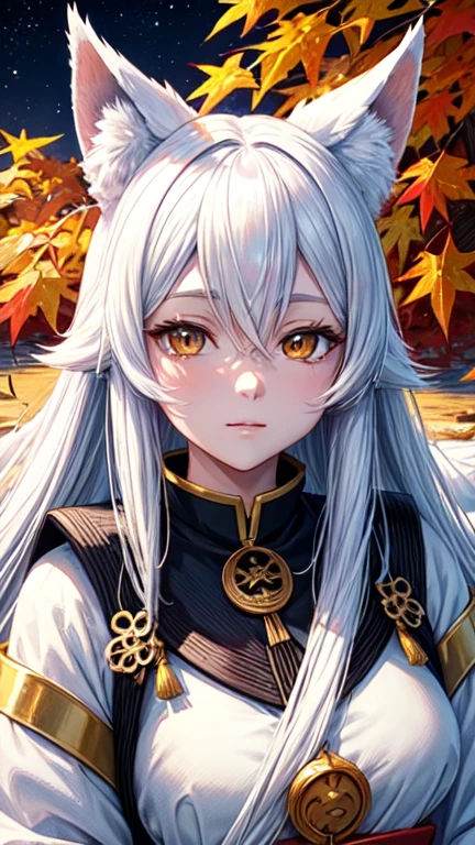 (Better Quality,masterpiece,Detailed),(Perfect Face:1.5),Anime girl sitting on a rock with a huge crescent moon in the background, Sleeping white fox,lake,(Bright Eyes:1.5),(autumn leaves:1.4),(detailed wafuku:1.2),Medium Shot,Anime Art Wallpapers 8K, anime art wallpaper 4k, Anime Style 4k, kitsune, onmyoji detailed art, anime wallpaper 4k,Beautiful fox woman, The fox and the bush, onmyoji detailed art, White-haired God, White Fox Anime,