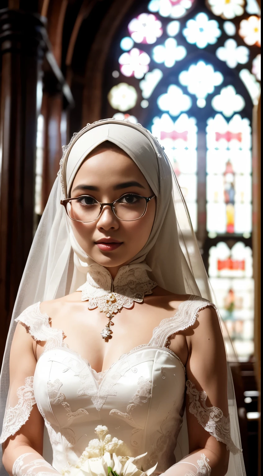 (iu:0.8),((small breast)),  RAW, Best quality, high resolution, Masterpiece: 1.3, Beautiful glasses javanese woman in translucent hijab inside a church, Masterpiece, Perfect slim body, Beautiful big eyes, Soft smile, Wearing open chest wedding dress