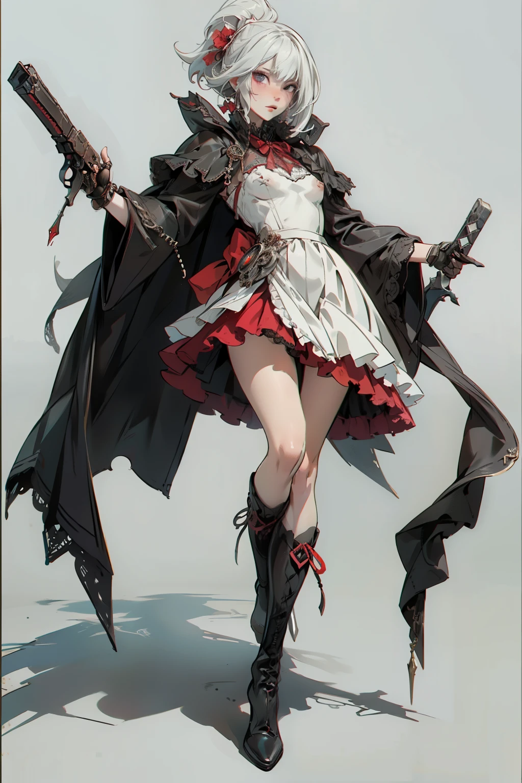 ((best quality)), ((masterpiece)), (detailed), blank white background, plain background, white background, red and white clothing, Bloodborne aesthetic, occult aesthetic, occult, occult paraphernalia, detailed and intricate steampunk and detailed gothic, NSFW, Very dramatic and cinematic lighting, cosmic horror, grim-dark, side-lighting, perfect face, NSFW, Fluttering lace flared dress with frilly petticoats, pleated petticoats, petticoats, complex lace boots, side-lighting, gothic aesthetic, wielding mighty mechanical melee weapons, mechanical components, carbine, NSFW, beautiful small breasts, small breasts, full body, whole body, body, plain background, white background, blank background, no background, white background NSFW, full body, whole body, head-to-toe dynamic poses NSFW