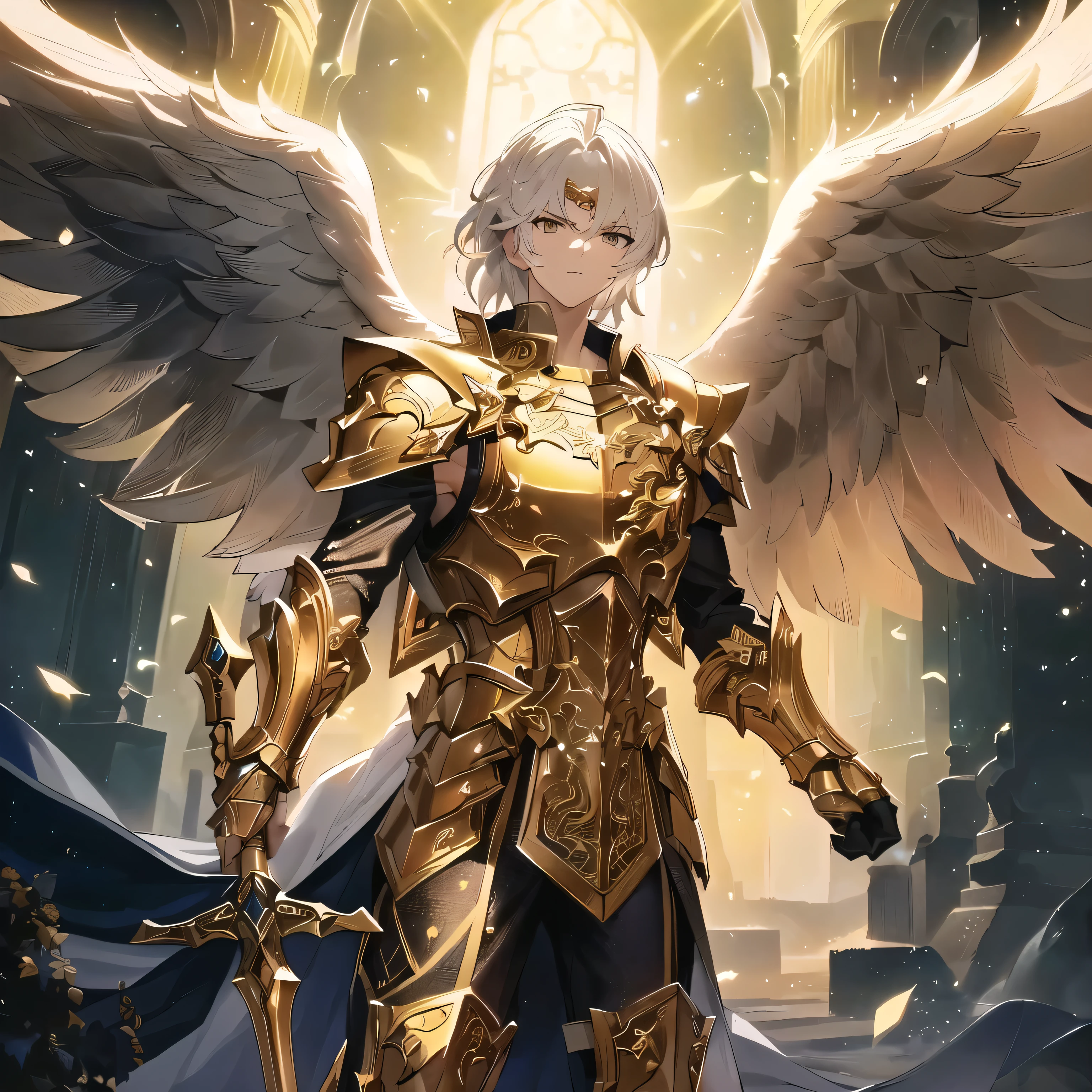 Male, 25 years old, silver armor with gold accents, medium hair completely white, golden eyes, serious face, two white angelic wings, halberd on the back, longsword in right hand, heavy shield in left hand, Strong and handsome man, muscular, first person viewn, fullbody resolution, background Sky without stars or rays, dark background, without clouds