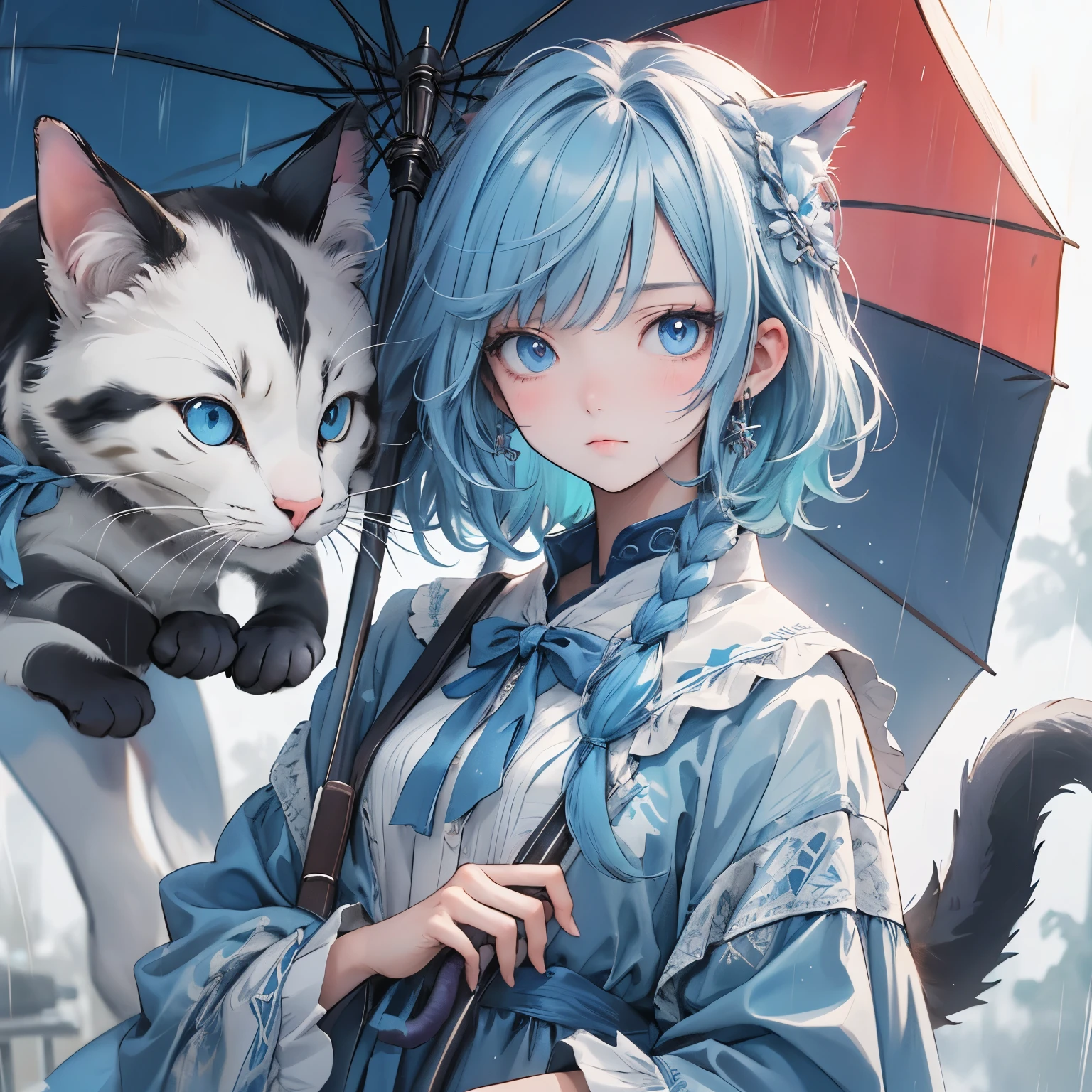 (masterpiece), highest quality, Ultra-high resolution,A cat wearing a light blue ribbon、Light blue hair、Light blue eyes、Light blue clothes、rainy season、umbrella