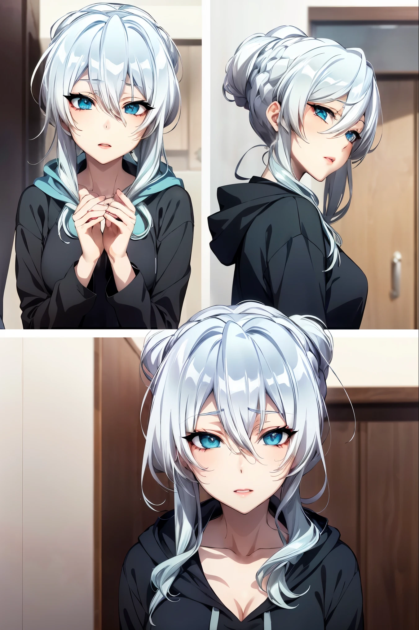 Silver hair and blue eyes in a black hoodie, anime visual of a cute girl, screenshot from the anime film, & her expression is solemn, ahegao face, in the anime film, in an anime, anime visual of a young woman, she has a cute expressive face, still from anime