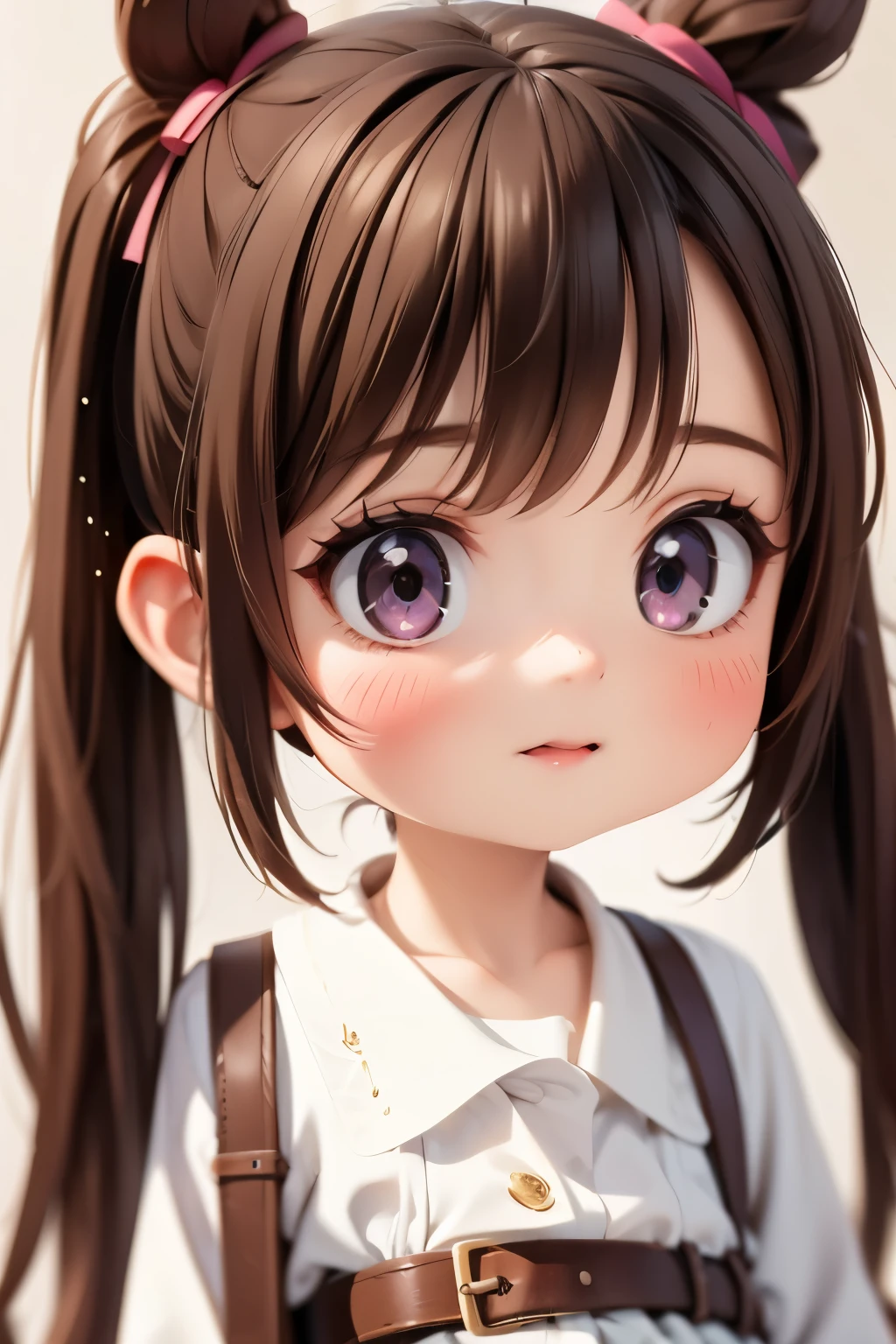 (1girl), masterpiece, best quality, super fine illustration, an extremely cute , highly detailed beautiful face, looking at viewer, 1girl, belt, closeup, looking at viewer, 4k, high res, ribbon, firis mistuld, blush, pov, twintail hair, white background, simple background, thick outline, purple eyes, (sleep), brown hair, chibi, love expression,  ((brown hair)), (blood),