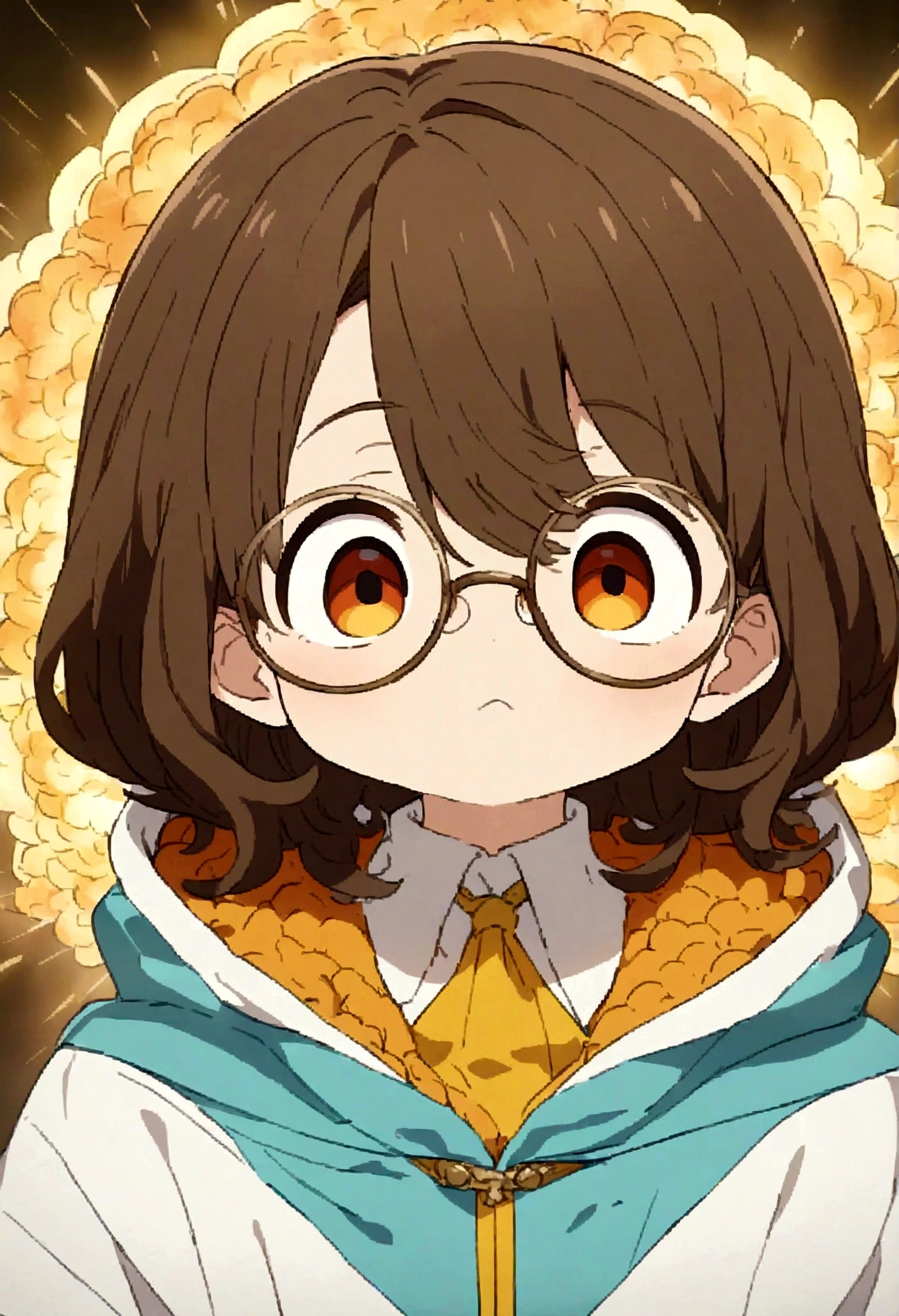 ((highest quality)), ((masterpiece)), (detailed), One man, Round droopy eyes,Good energy,cute,Brown Hair,Round Glasses,anime,２dimension,Center Parting,Orange Eyes,Wearing a light blue jumpsuit