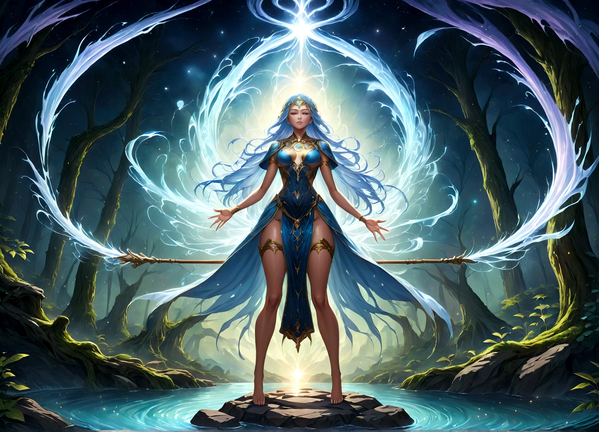high details, best quality, 16k, [ultra detailed], masterpiece, best quality, (extremely detailed), dynamic angle, ultra wide shot, photorealistic, ((fantasy art)), dnd art, rpg art, realistic art, female human druid of the stars, guardian of nature, controlling magical energy made of stars, swirling blue stary magical light, divine symbols, DruidMagicAI (intricate details, Masterpiece, best quality: 1ץ5), human female,  extremally beautiful, ultra feminine, dynamic hair, dynamic hair color, wearing leather armorת holding a staff, moon light, stars, dynamic natural background,  RPG art, magical atmosphere magic-fantasy-forest, ultra best realistic, best details, best quality, 16k, [ultra detailed], masterpiece, best quality, (extremely detailed), ultra wide shot, photorealism, depth of field, hyper realistic painting, aetherpunkai