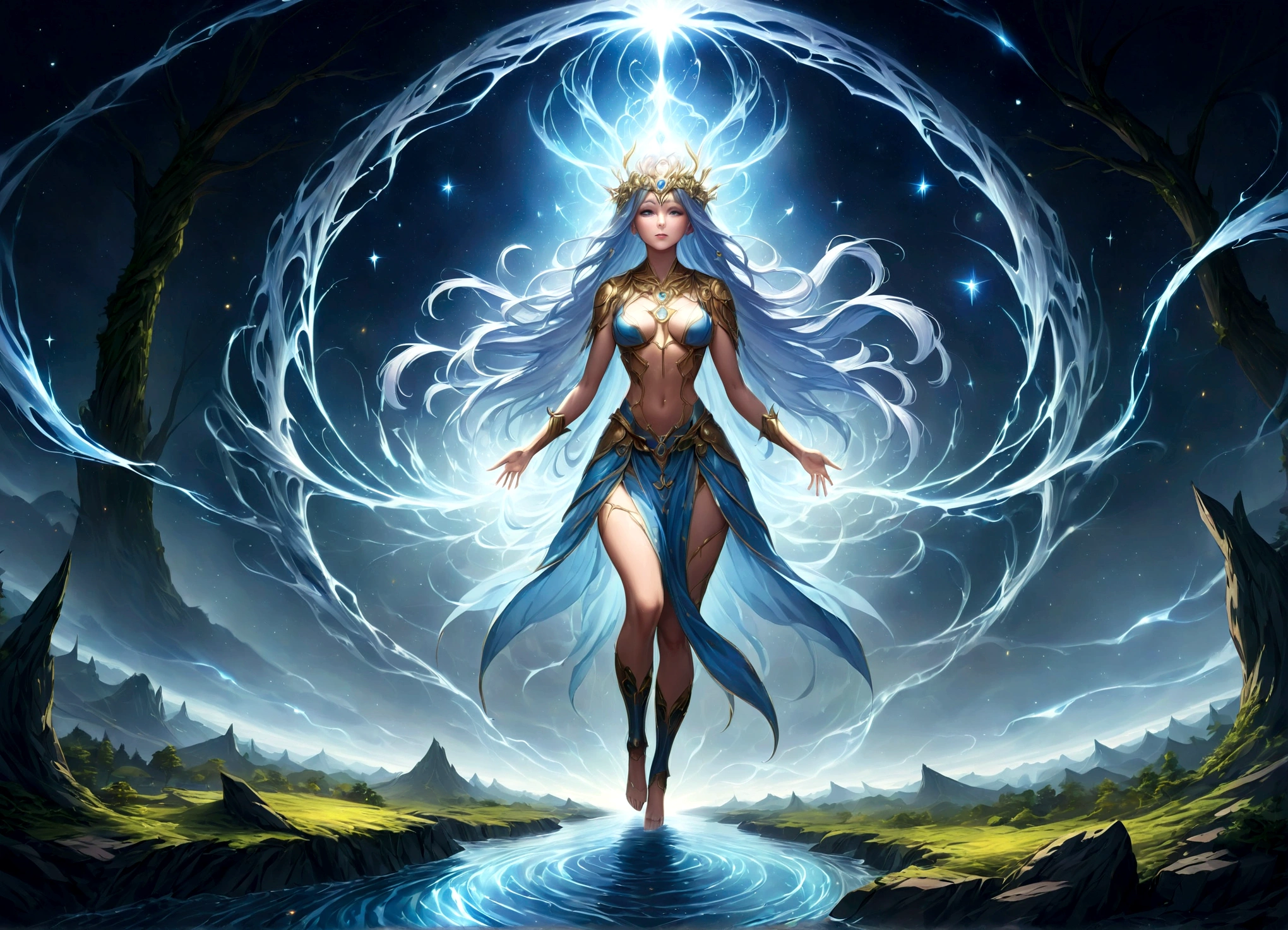 high details, best quality, 16k, [ultra detailed], masterpiece, best quality, (extremely detailed), dynamic angle, ultra wide shot, photorealistic, ((fantasy art)), dnd art, rpg art, realistic art, female human druid of the stars, guardian of nature, controlling magical energy made of stars, swirling blue stary magical light, divine symbols, DruidMagicAI (intricate details, Masterpiece, best quality: 1ץ5), human female,  extremally beautiful, ultra feminine, dynamic hair, dynamic hair color, wearing leather armorת holding a staff, moon light, stars, dynamic natural background,  RPG art, magical atmosphere magic-fantasy-forest, ultra best realistic, best details, best quality, 16k, [ultra detailed], masterpiece, best quality, (extremely detailed), ultra wide shot, photorealism, depth of field, hyper realistic painting, aetherpunkai