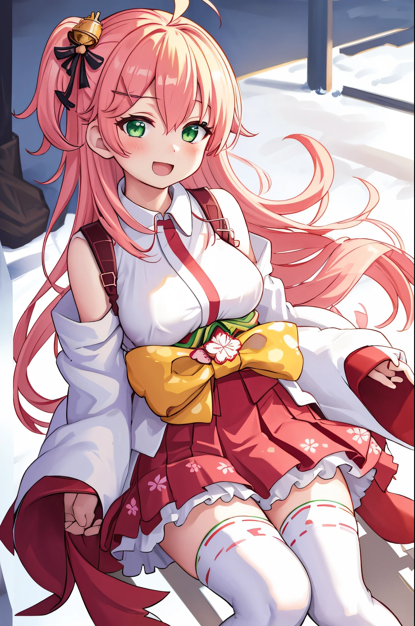 masterpiece, best quality, highres, sakura_miko, 1girl, (loli:1.3),medium_breasts, kimono, solo, ahoge, x_hair_ornament, pink_hair, floral print, hairclip,(side_less_clothes:1.3), (side_breasts:1.3), hair_bell, floral print, long_hair, hair between eyes, one side up, white_thighhighs, wide sleeves, open_mouth,(happy:1.3),green_eyes,smile,apart_legs,(overly_long_sleeves:1.3),),sleeves_past_wrists,hands_hidden_sleeves,sidelock_clothes,solo,hidden_wrists,(XD:1.5),covered_nipples,sunlight,(bare_flank:1.3),boots,open_mouth,kimono,close_eyes,.