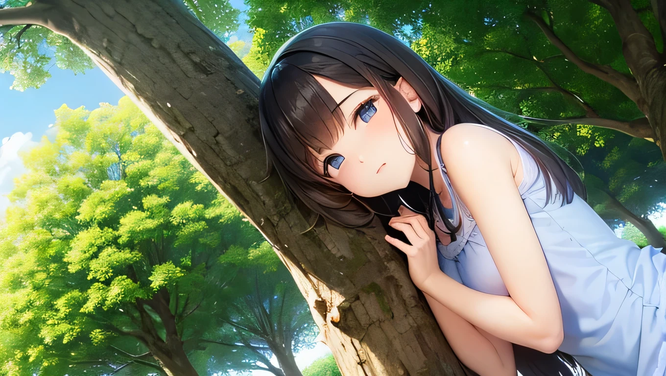 Girl sleep in a big tree in the garden field in midday, with the sun in the blue sky like a dream.
