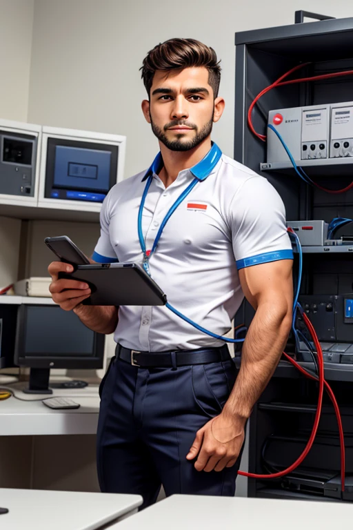 homem forte, wearing a telecommunications technician&#39;s uniform and helmet next to a car with a ladder on top