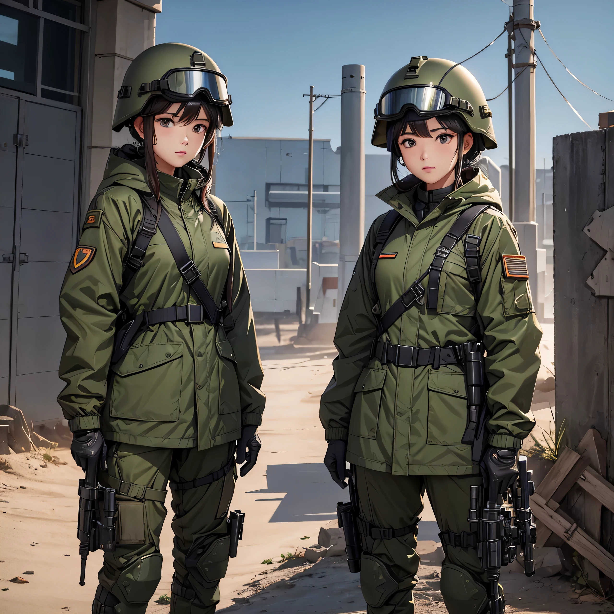 Two female soldiers standing side by side、Wearing M-51 military windbreaker、Wear a steel helmet、Wear goggles、Individual equipment set、Show above thigh、Write details、masterpiece、best quality、Highly detailed CG、8K picture quality
