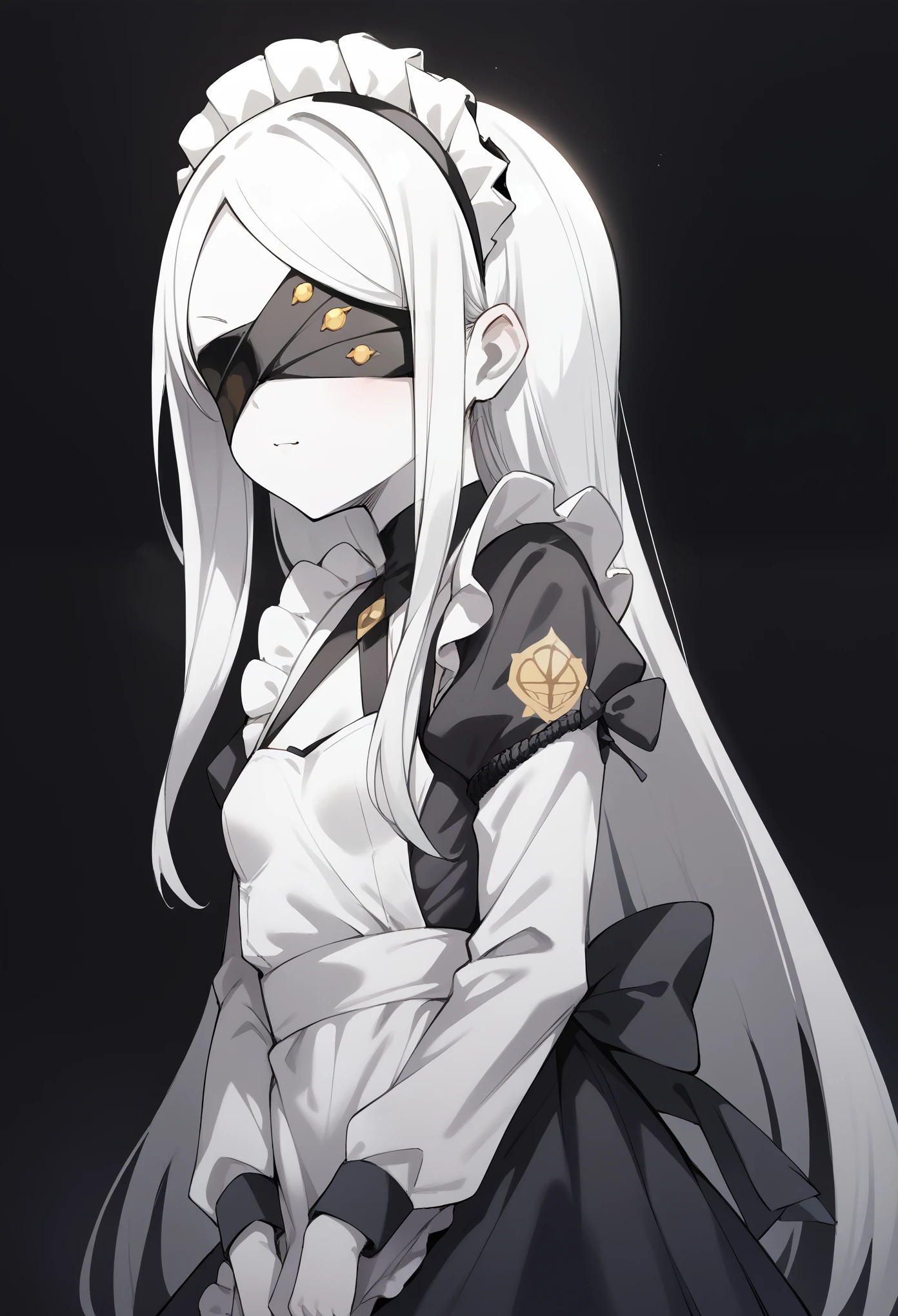 score_9, score_8_up, score_7_up, score_6_up, score_5_up, score_4_up, source_anime, BREAK 1girl, ohr-default, ohr \(blue archive\), white skin, covered eyes, parted bangs, long hair, maid dress , apron, mafia headdress, small breasts, arms on sides, upper body, neutral, black background