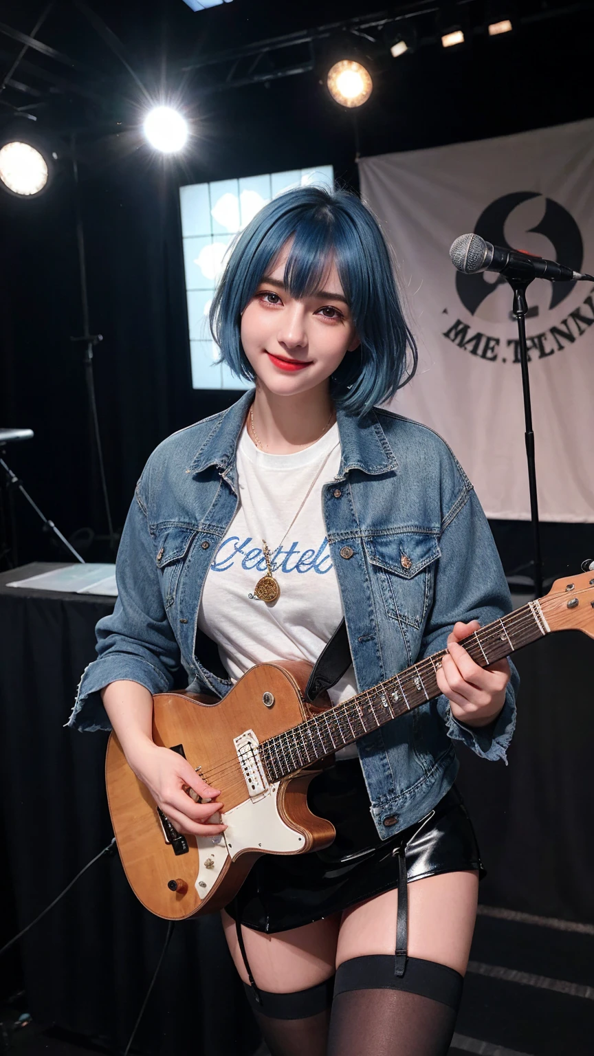 ((best quality)), photorealistic, photorealism, Photorealistic, high resolution, Denim jacket、rock t shirt、Latex knee-length skirt、Long skirt、JK Style、Jacket、smile、Knee-high socks、Thigh-high socks、pantyhose、A superb beauty、Super cute、ennui、Rare beauty、Very Short hair、Aestethic tatoo, Black Dark Eyeshadow、Sad、white skin、pale skin, Very short hair layered、Dark Gothic Makeup、Cute Smile、Fragrant beauty、Stained glass background、Mastepiece、Best Quality、Refers to 5 books、Sweat glistening on my chest、Sweat glistening on my face、Small breasts、Blue hair、Age 20 years old、Mysterious look、A sad expression、Blue Hair、mysterious gothic church、enchanting castle、Sweating profusely all over the body、A lot of sweat and light on the thighs、Shiny thighs、Plenty of sweat glistening on the thighs、A large amount of sweat glistens on my thighs、Sweating profusely、Gal、Medium breasts、beautiful face、Alluring expression、Thin thighs、Playing electric guitar、I have an electric guitar、Sing a song enthusiastically、Playing guitar in a band、Playing guitar chords、Live House Background、Sing a song、Open your mouth、Live house scenery、Mike stand、Glamorous live stage、Dynamic Angle、cinematic lighting, full body figure, full body photoshot, revealed foot and shoes