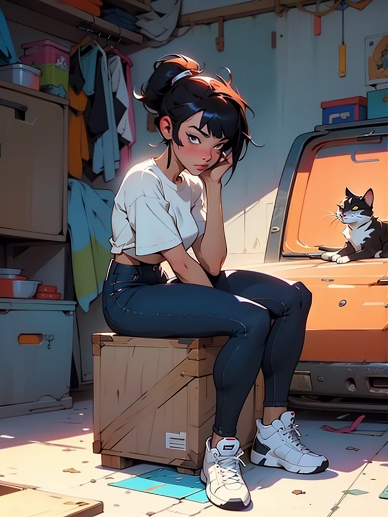 a woman sitting on top of a box next to a cat, artstyle : ilya kuvshinov, shiny colorful, sexy girl wearing shorts, black jeans, medibang, characters merged, anime like
