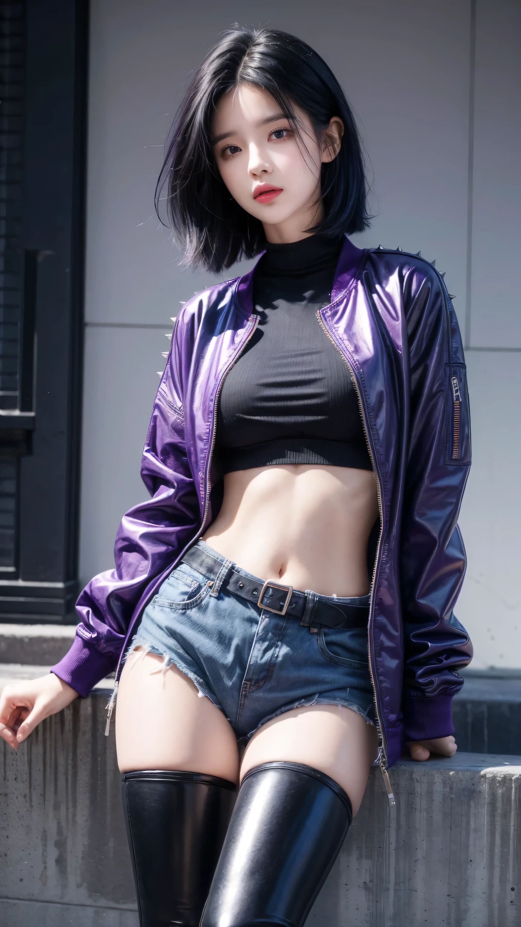best quality, 1 Girl, dark blue hair, black eyes, Very short hair, Spiky hair, purple Crop Top Drape, purple jacket, high waist short,Wearing long black boots、171 cm, Messy hair, Hair between the eyes, Medium breasts, full, Tomboy, aldult, 20 years old, 1 Girl near purple motorcycle