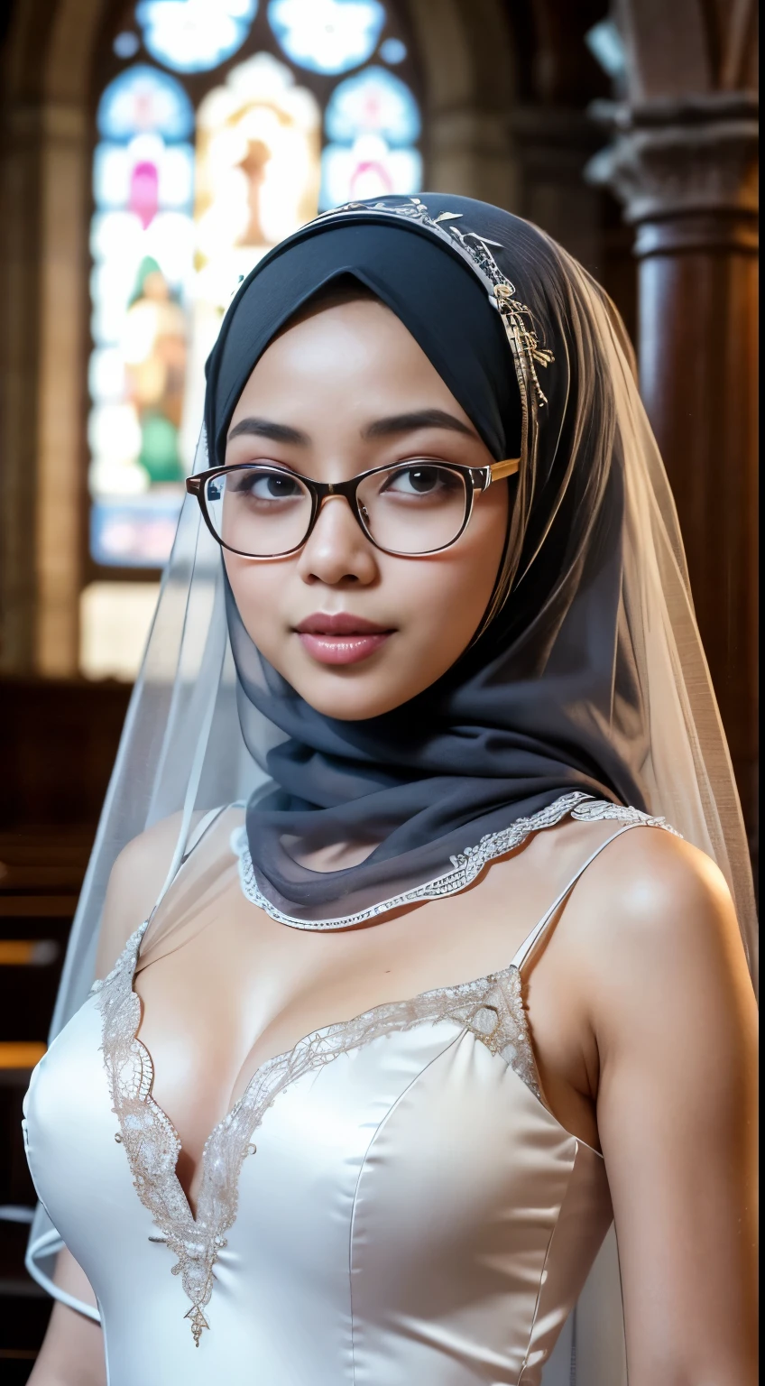 (iu:0.8),((small breast)),  RAW, Best quality, high resolution, Masterpiece: 1.3, Beautiful glasses javanese woman in translucent hijab inside a church, Masterpiece, Perfect slim body, Beautiful big eyes, Soft smile, Wearing open chest wedding dress