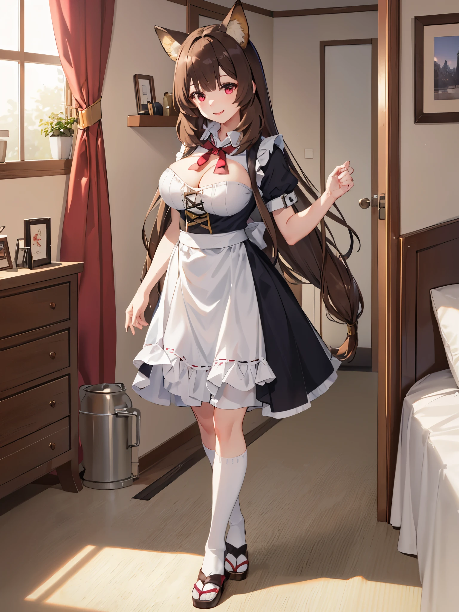 (Best quality), (extremely detailed CG Unity 8k wallpaper), (very detailed), ((absurdity)), Detailed beautiful eyes,
Raphtalia, Red eyes, black hair, fox tail, fox ears, Standing, Wearing maid costume,, white maid costume,big breast,in bedroom,smile,Midday,Japanese house,full body photo