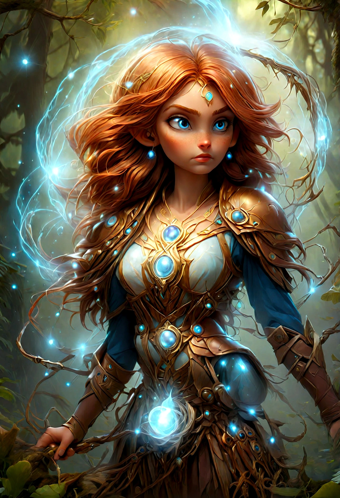 high details, best quality, 16k, [ultra detailed], masterpiece, best quality, (extremely detailed), dynamic angle, ultra wide shot, photorealistic, ((fantasy art)), dnd art, rpg art, realistic art, female human druid of the stars, guardian of nature, controlling magical energy made of stars, swirling blue stary magical light, divine symbols, DruidMagicAI (intricate details, Masterpiece, best quality: 1.5), human female, extremally beautiful, ultra feminine, dynamic hair, dynamic hair color, wearing leather armorת holding a staff, moon light, stars, dynamic natural background, RPG art, magical atmosphere magic-fantasy-forest, ultra best realistic, best details, best quality, 16k, [ultra detailed], masterpiece, best quality, (extremely detailed), ultra wide shot, photorealism, depth of field, hyper realistic painting, aetherpunkai