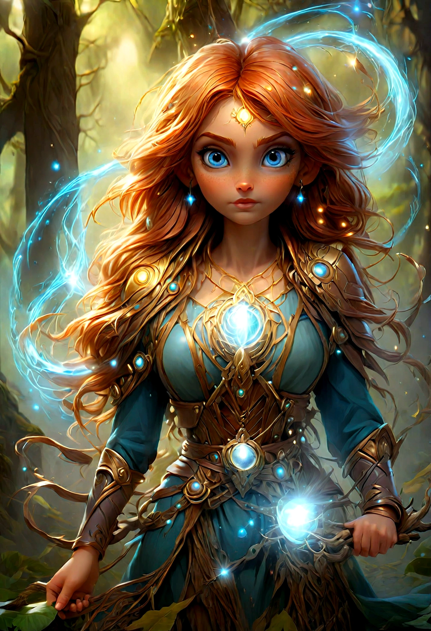 high details, best quality, 16k, [ultra detailed], masterpiece, best quality, (extremely detailed), dynamic angle, ultra wide shot, photorealistic, ((fantasy art)), dnd art, rpg art, realistic art, female human druid of the stars, guardian of nature, controlling magical energy made of stars, swirling blue stary magical light, divine symbols, DruidMagicAI (intricate details, Masterpiece, best quality: 1.5), human female, extremally beautiful, ultra feminine, dynamic hair, dynamic hair color, wearing leather armorת holding a staff, moon light, stars, dynamic natural background, RPG art, magical atmosphere magic-fantasy-forest, ultra best realistic, best details, best quality, 16k, [ultra detailed], masterpiece, best quality, (extremely detailed), ultra wide shot, photorealism, depth of field, hyper realistic painting, aetherpunkai