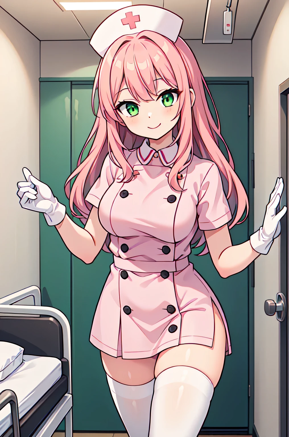1girl, solo, nurse, white nurse cap, white nurse uniform, ((white legwear, zettai ryouiki)), white gloves, pink hair, green eyes, drooping eyes, smile, standing, ((hospital room)), sharp outline, short sleeves, best quality, masterpiece