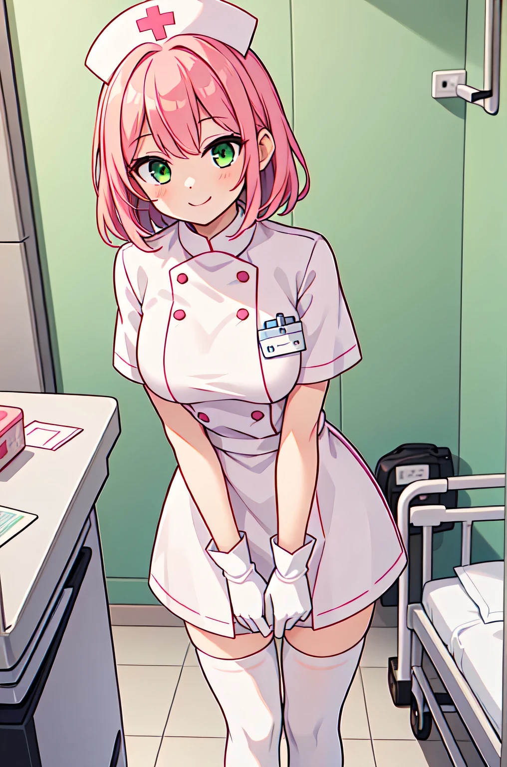 1girl, solo, nurse, white nurse cap, white nurse uniform, ((white legwear, zettai ryouiki)), white gloves, pink hair, green eyes, drooping eyes, smile, standing, ((hospital room)), sharp outline, short sleeves, best quality, masterpiece