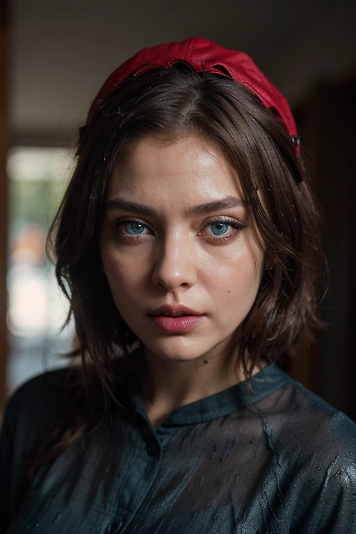 masterpiece), ultra quality, expressive eyes, perfect face,perfect hands,perfect ,brown hair,hair between eyes,scarlet red hood on her head,hetereocromia eyes,blue and green eyes, big ,wet shirt,black lips,blue eyelines,full figure,full details,
