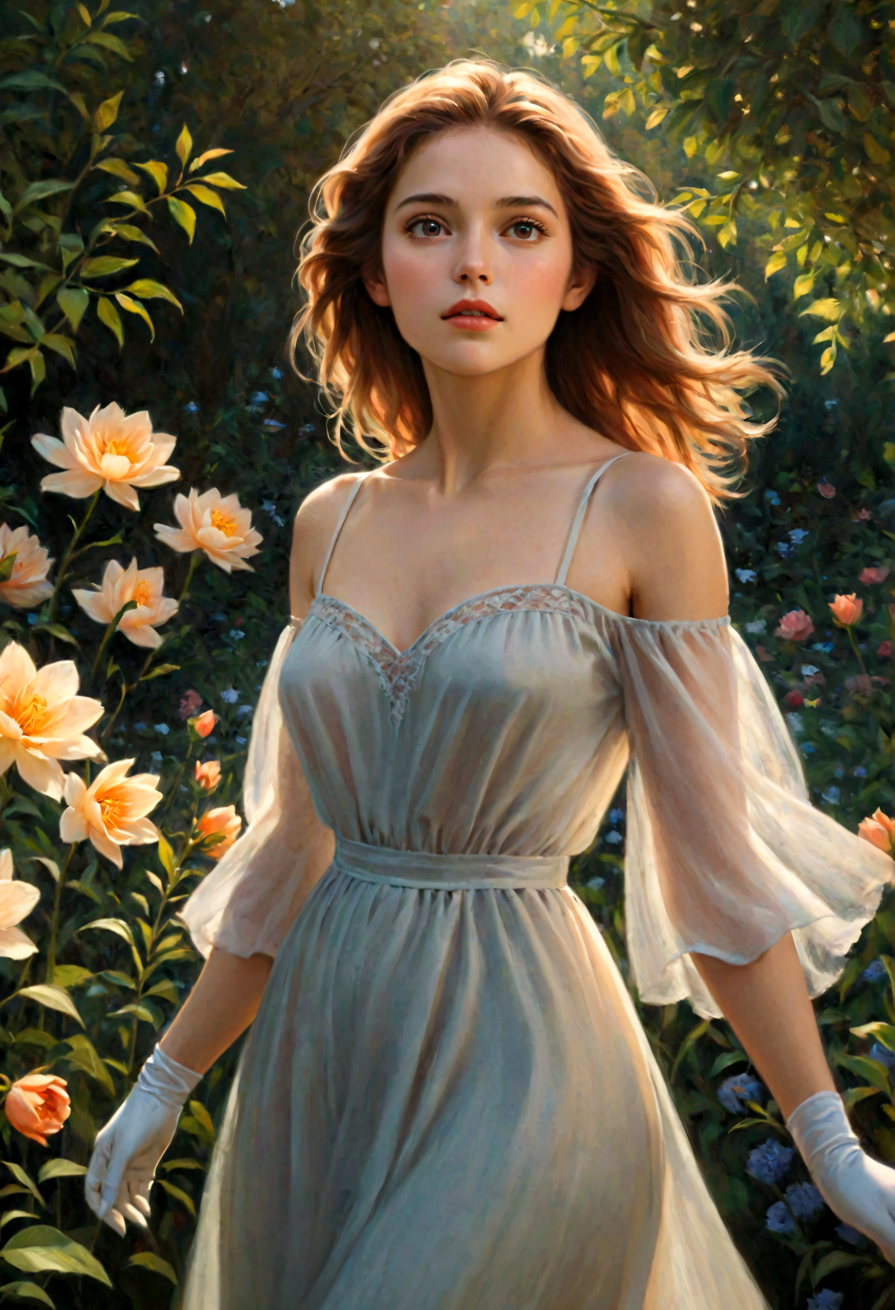 Create an image that captures the essence of classical art and award-winning painting, drawing inspiration from Monet oil paintings. Visualize a enchanting oil painting of beautiful female in a flower garden. Her skin should be meticulously detailed, with eyes that glow with life, and a facial structure that fits the golden ratio of attractiveness, including clear double eyelids and perfectly applied lip gloss on pale lips. | She is dressed in an elegant summer outfit, and she is moving with a dynamic and bold grace. The setting is a seren flower garden, with her poised under the warm light of sunlight, casting striking shadows around her. Capture her from a low angle to reveal her whole body in a dynamic pose, adding to the intensity of the scene. She looks dreamily into the distance, her expression both engaging and ethereal. | Rendered in ultra-high detail and quality, this masterpiece ensures anatomical correctness and textured skin with super detail. With a focus on high quality and accuracy, this award-winning portrayal captures every nuance in stunning 16k resolution, immersing viewers in its lifelike depiction. | ((elegant summer outfit):1.1), ((fancy handgloves):1.1) | (((anatomical correctness))), (((perfect_fingers))), (((perfect_legs))), (((perfect_hands))), ((perfect_composition, perfect_design, perfect_layout, perfect_detail, ultra_detailed)), ((enhance_all, fix_everything)), More Detail, Enhance.
