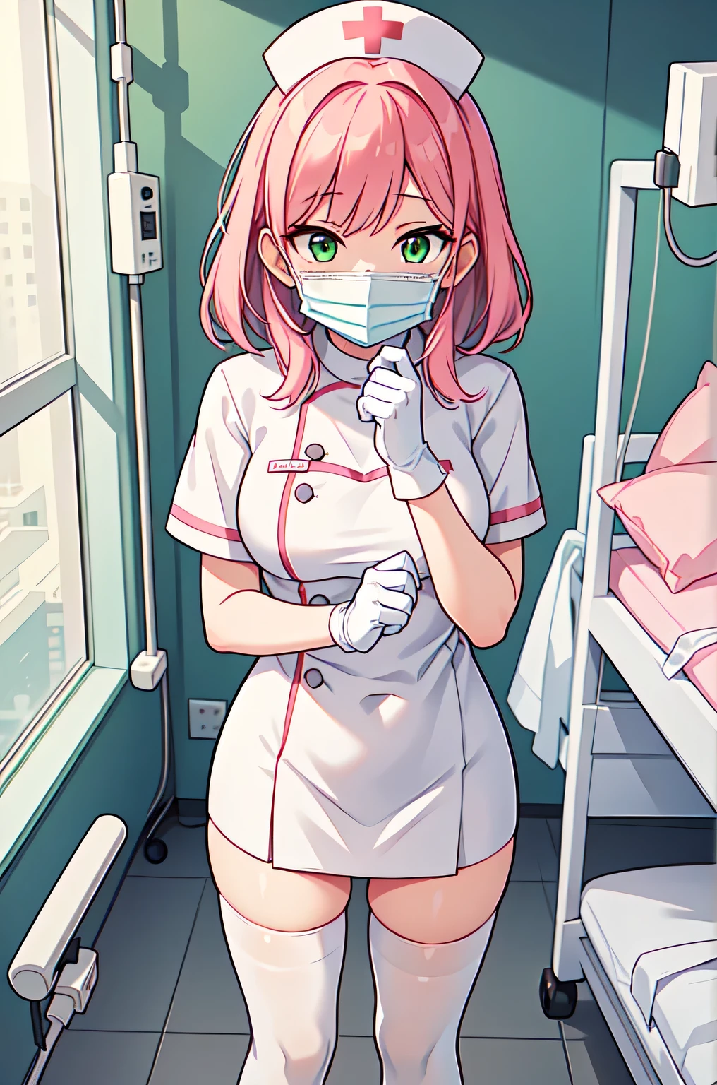 1girl, solo, nurse, white nurse cap, white nurse uniform, ((white legwear, zettai ryouiki)), white gloves, pink hair, green eyes, drooping eyes, ((white surgical mask, covered nose)), standing, ((hospital room)), sharp outline, short sleeves, best quality, masterpiece