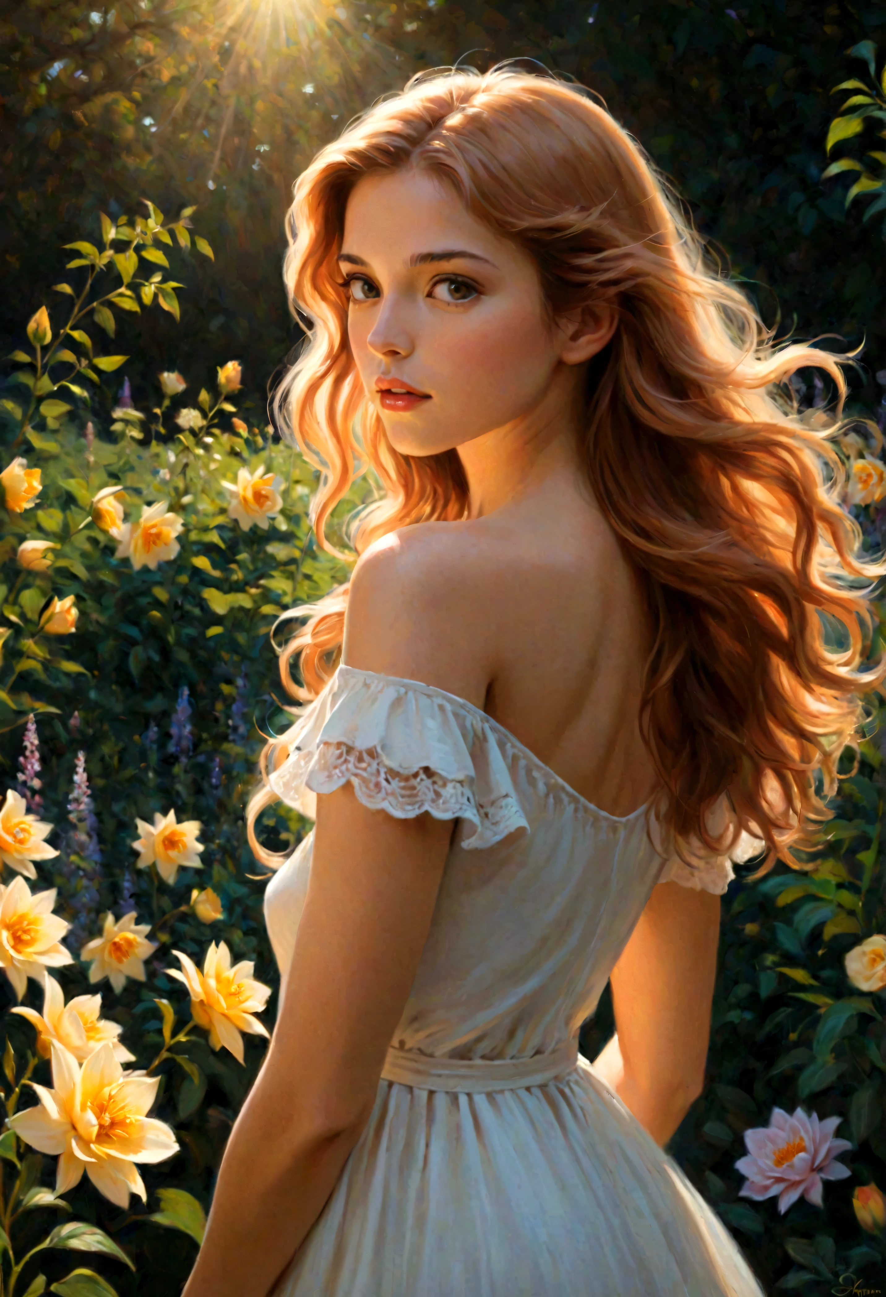 Create an image that captures the essence of classical art and award-winning painting, drawing inspiration from Monet oil paintings. Visualize a enchanting oil painting of beautiful female in a flower garden. Her skin should be meticulously detailed, with eyes that glow with life, and a facial structure that fits the golden ratio of attractiveness, including clear double eyelids and perfectly applied lip gloss on pale lips. | She is dressed in an elegant summer outfit, and she is moving with a dynamic and bold grace. The setting is a seren flower garden, with her poised under the warm light of sunlight, casting striking shadows around her. Capture her from a low angle to reveal her whole body in a dynamic pose, adding to the intensity of the scene. She looks dreamily into the distance, her expression both engaging and ethereal. | Rendered in ultra-high detail and quality, this masterpiece ensures anatomical correctness and textured skin with super detail. With a focus on high quality and accuracy, this award-winning portrayal captures every nuance in stunning 16k resolution, immersing viewers in its lifelike depiction. | ((elegant summer outfit):1.1), ((fancy handgloves):1.1) | (((anatomical correctness))), (((perfect_fingers))), (((perfect_legs))), (((perfect_hands))), ((perfect_composition, perfect_design, perfect_layout, perfect_detail, ultra_detailed)), ((enhance_all, fix_everything)), More Detail, Enhance.
