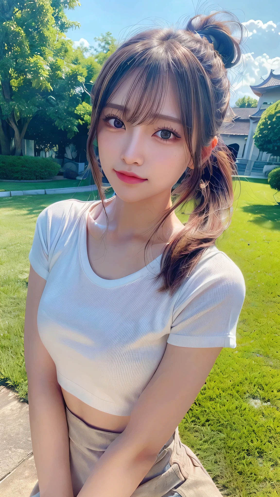 White T-shirt and jeans,outdoors,Urban Park,On the lawn,Ultra-detailed, finely detail, hight resolution, 8K Wallpaper, Perfect dynamic composition, Beautiful detailed eyes,Outdoor,Close-up of face,Outdoor,Blushing,Facing forward,,Long hair ponytail,((8K, Raw photo, Best Quality, Mastepiece:1.2), (Realism, Photorealistic:1.4), (Highly detailed 8k wallpaper), Depth of written boundary, Cinematic Lighting, Soft Light, Detailed Beauty Eye,Shiny and smooth light brown ponytail, Asymmetrical bangs, Shiny skin, Ultra-detailed skins ,It is high resolution., High detail, Detailed hairstyle, Detailed facial beauty, Hyper-realistic, Perfect limbs, Perfect Anatomy ,1 Japanese girl,Famous Japanese Idols, Perfect female body,A shy smile,Short eyelashes,Double-edged eyelids,Look straight here,Hair style: ponytail,