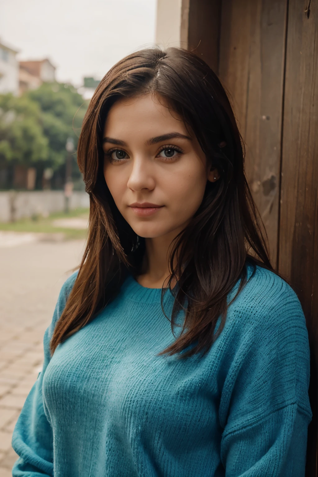 Garota russa loira extremamente realista com cabelos loiros e olhos azuis, wearing a blue sweater, corpo inteiro, looking at the camera