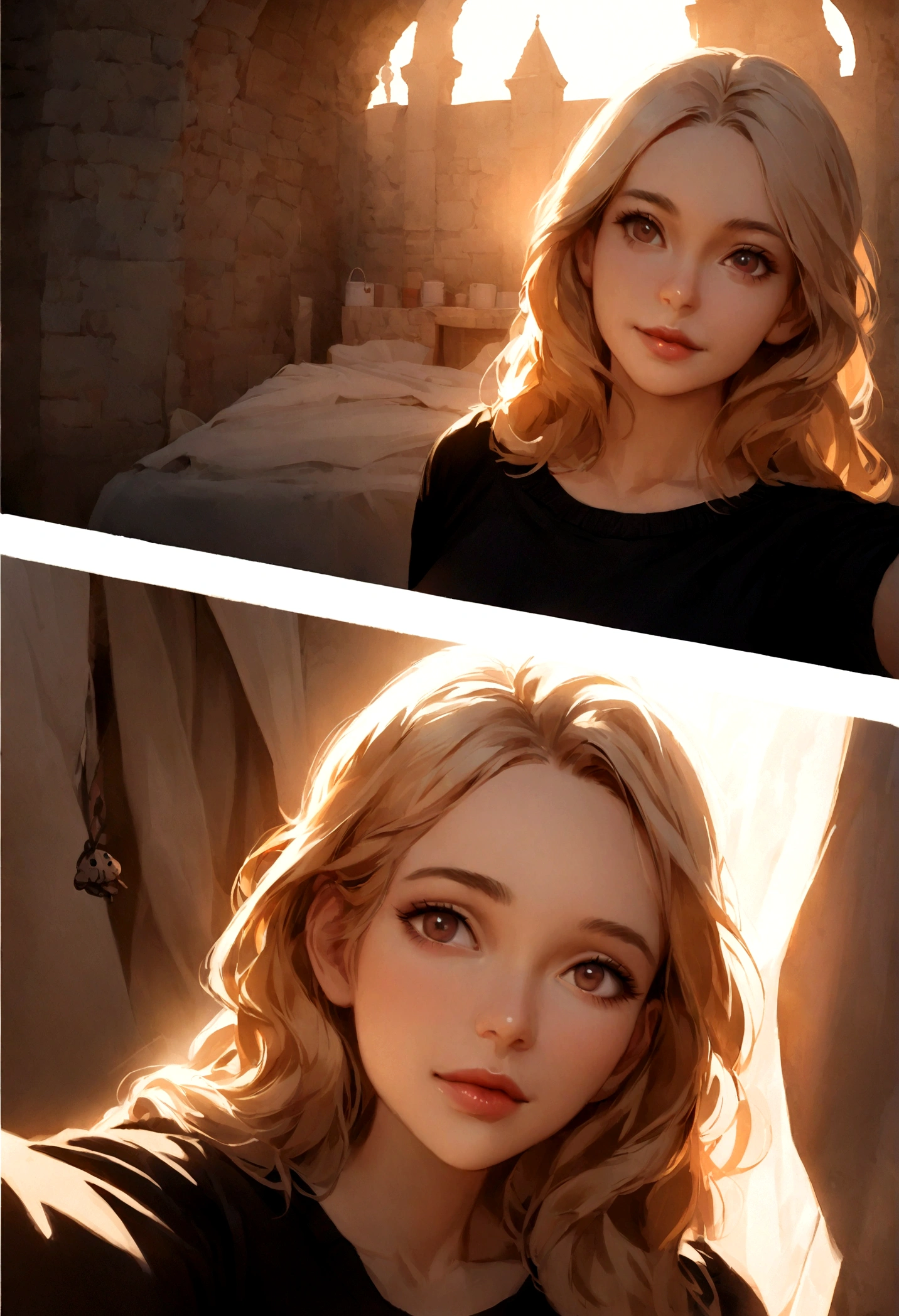 woman realistic, American, beautiful, (selfie, happy), Shooting in a historic castle tent at twilight, Ancient stone walls and gothic arches backlight, Tent Open Sign, Masterpiece, Best Quality, Ultra-detailed, Solo, exteriors, majestic castle, historic ruins backdrop, Nature (timeless elegance), cheerful, happy, Cosy in a chic, modern outfit contrasting with the old-world charm, Inside the tent, When you open the tent, views of the castle's grandeur with soft twilight illuminating the ancient masonry, shadowy contrasts, a mysterious atmosphere, analog style, looking up at viewer, skin texture, film grain, warm hue, warm tone, close-up, Cinematic light, Sidelighting, ultra-Highres, best shadows, wearing an elegant pullover, Relaxed and intimate photos, with long blond hair.